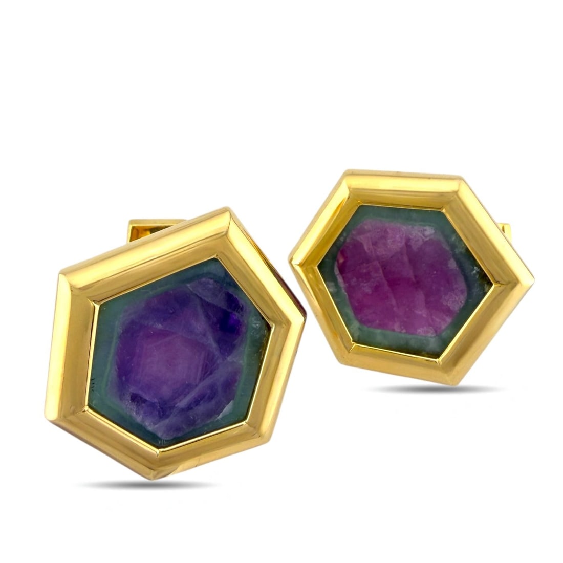 Cufflinks - 18 kt. Yellow gold, Exclusive 18K Yellow Gold Cufflinks with Trapiche Ruby and Amethyst: Exclusive 18K Yellow Gold Cufflinks with Trapiche Ruby and AmethystThese distinguished cufflinks present a harmonious pairing of trapiche ruby and amethyst, each stone chosen for its rich natural char