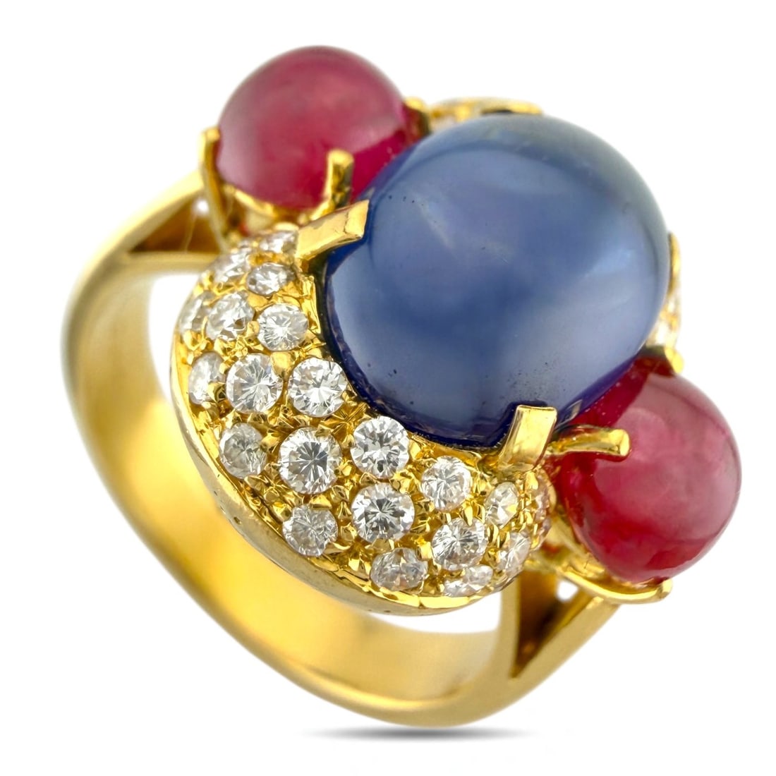 Ring - 18 kt. Yellow gold, Exclusive 18K Yellow Gold Sapphire, Ruby, and 0.50ct Diamond Ring -: Exclusive 18K Yellow Gold Sapphire, Ruby, and 0.50ct Diamond RingThis vibrant ring features a bold sapphire at the center with a rich blue tone that immediately draws attention. A ruby set beside it a