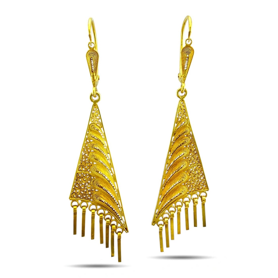 Earrings - 22 kt. Yellow gold, Exclusive 22K Yellow Gold Carved Dangle Earrings: Exclusive 22K Yellow Gold Carved Dangle EarringsThese refined earrings are crafted in rich 22 karat yellow gold and designed with graceful, elongated silhouettes that move beautifully when worn. Each