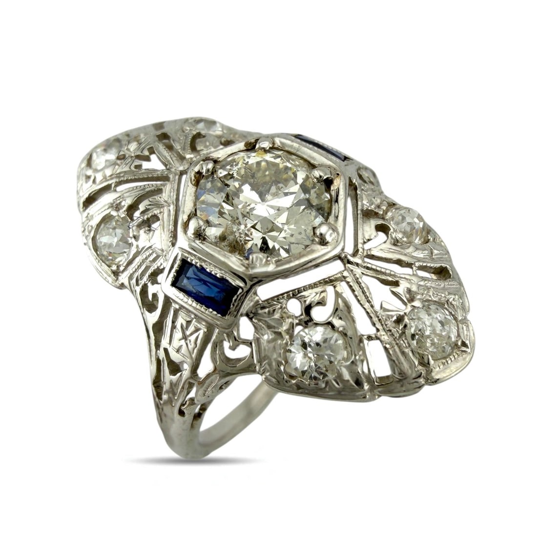 Ring - 18 kt. Exclusive Art Deco 18K White Gold 0.90ct Diamond and Sapphire Ring, White gold - (1 of 6)