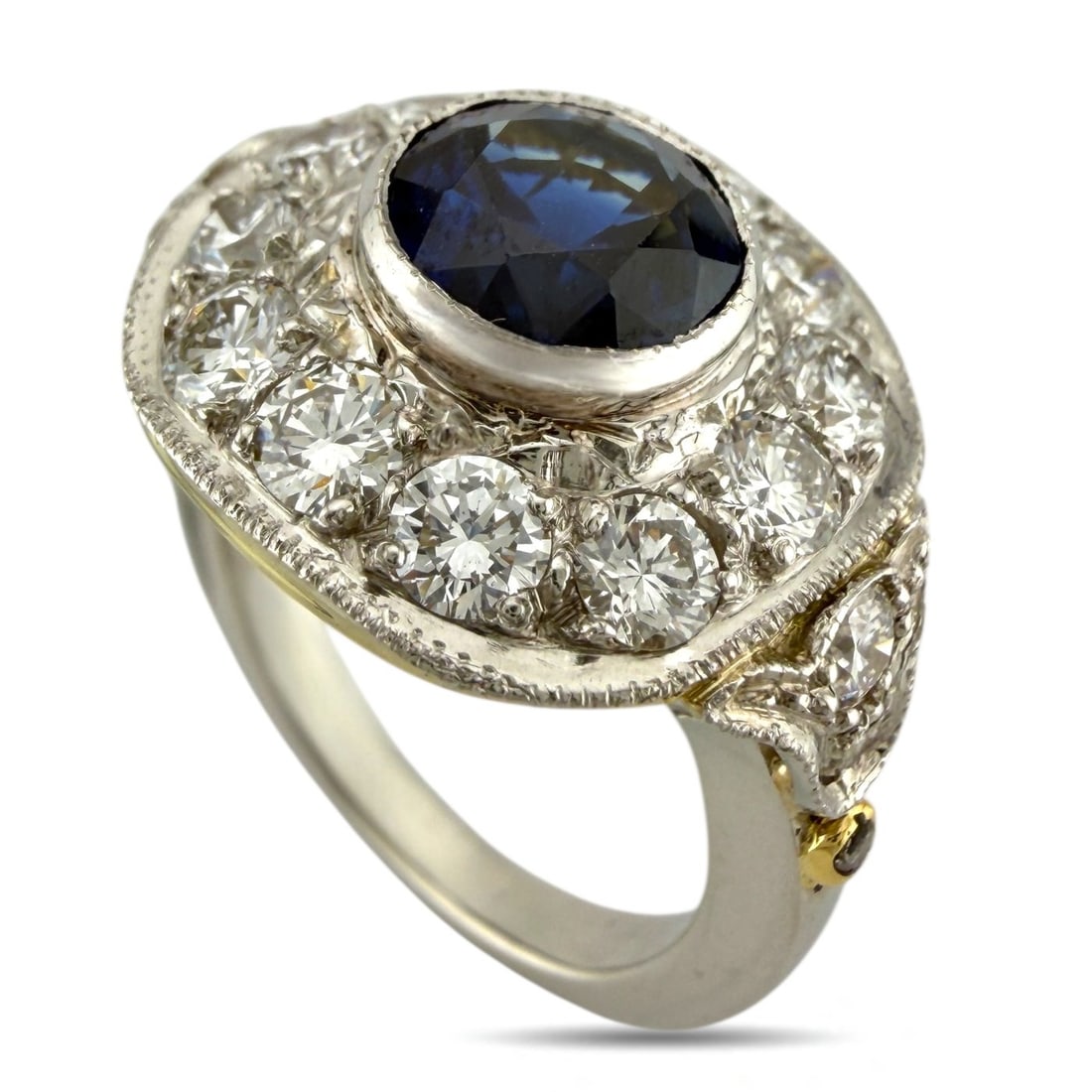 Ring Platinum - 1.80ct. tw. Diamond (Natural): Exclusive Platinum and 14K Yellow Gold Sapphire and 1.80ct Diamond RingThis antique ring centers a large round sapphire set in a finely worked two-tone mount that shows elegant vintage character and c