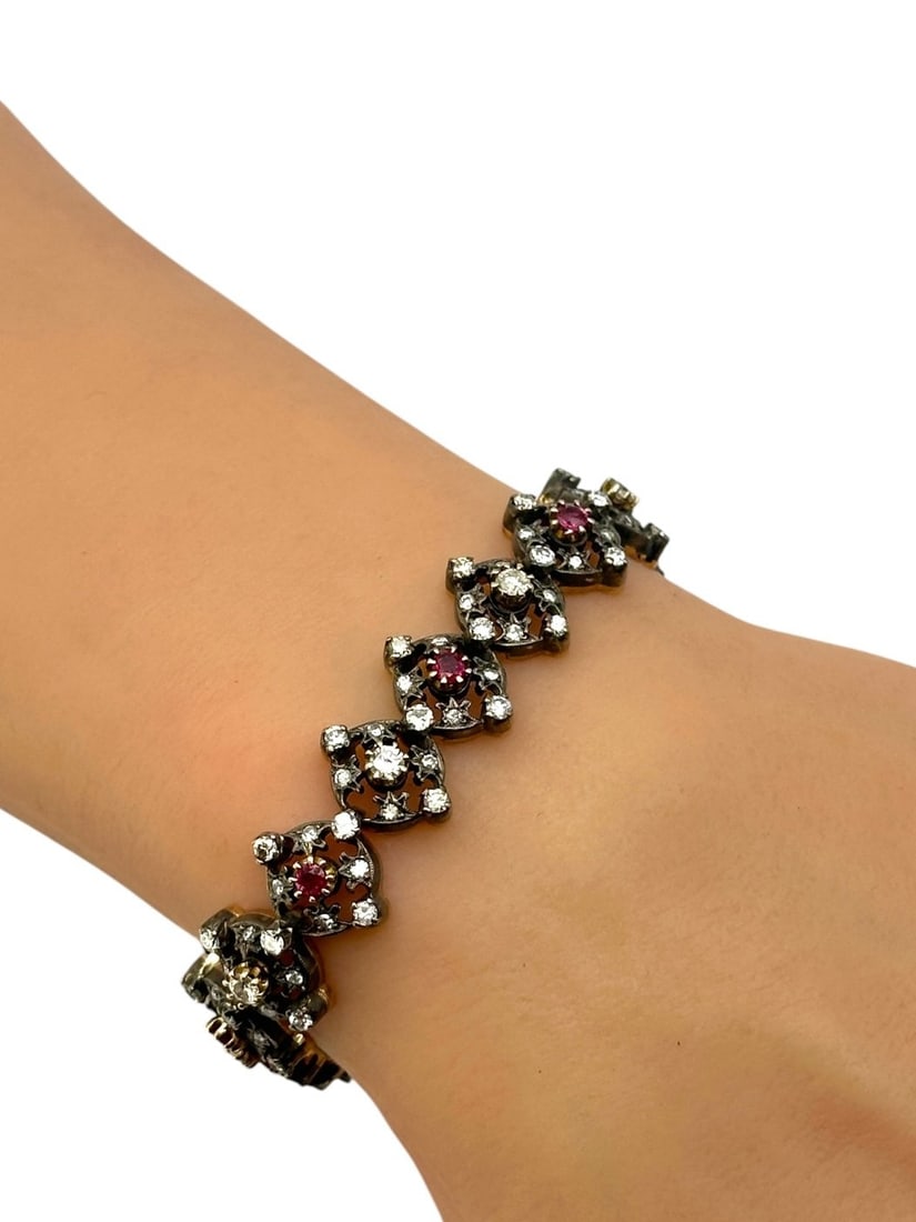 Bracelet - 14 kt. Yellow gold, Very Unique Antique 14k Gold and Diamond Women's Bracelet 3.57: Very Unique Antique 14k Gold and Diamond Women's Bracelet 3.57 Carats Period: 1940Material: 14K GoldWeight: 24 GramsDiamonds: 3mm-1.5mm Natural Diamonds, 126 Diamonds. Total 3.57 Carats Rubies: 2.85mm