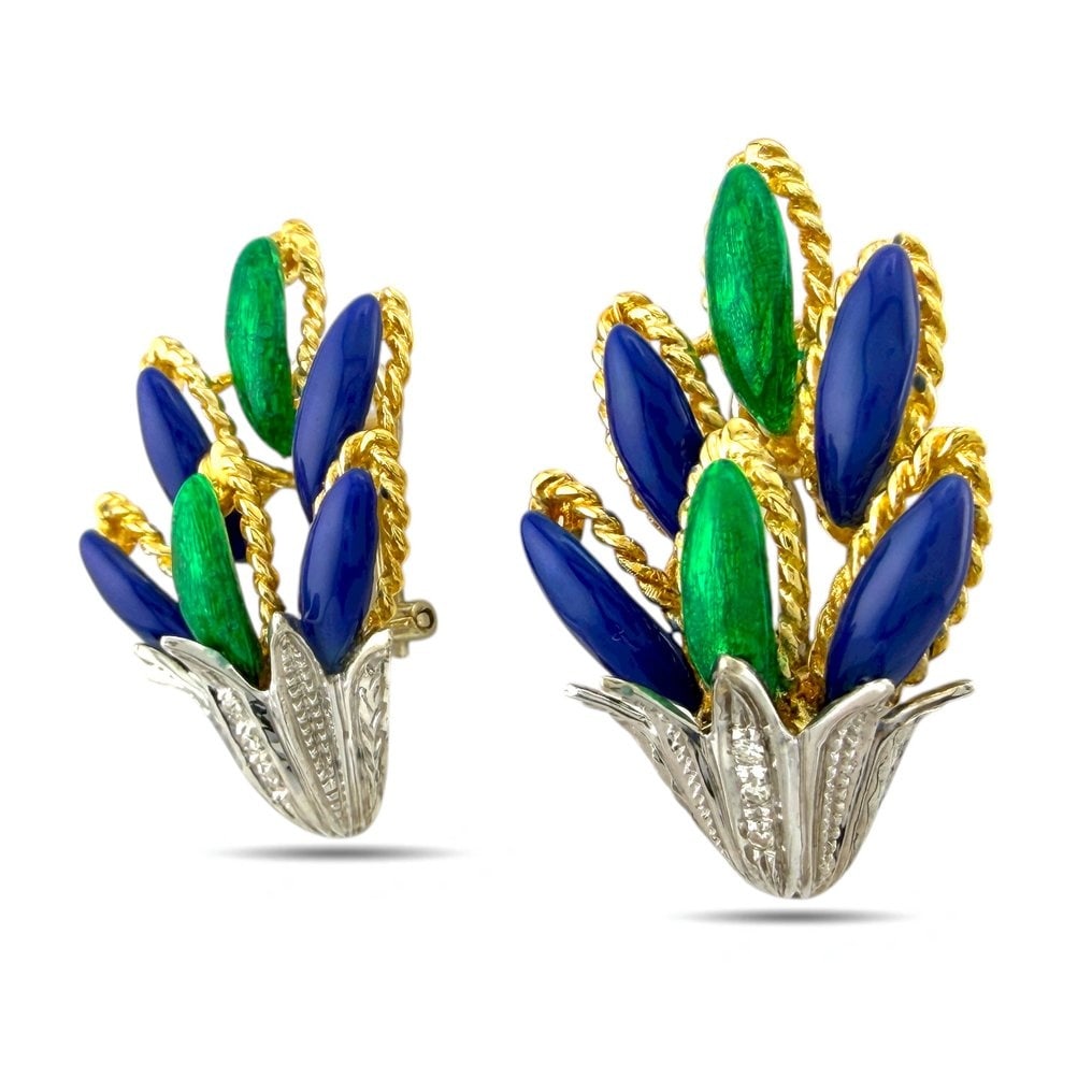 Earrings - 18 kt. Exclusive 18K Yellow and White Gold Blue and Green Enamel Diamond Earrings, Yellow: Exclusive 18K Yellow and White Gold Blue and Green Enamel Diamond EarringsA striking pair of 18K yellow and white gold earrings showcasing intricate blue and green enamel work accented by delicate dia