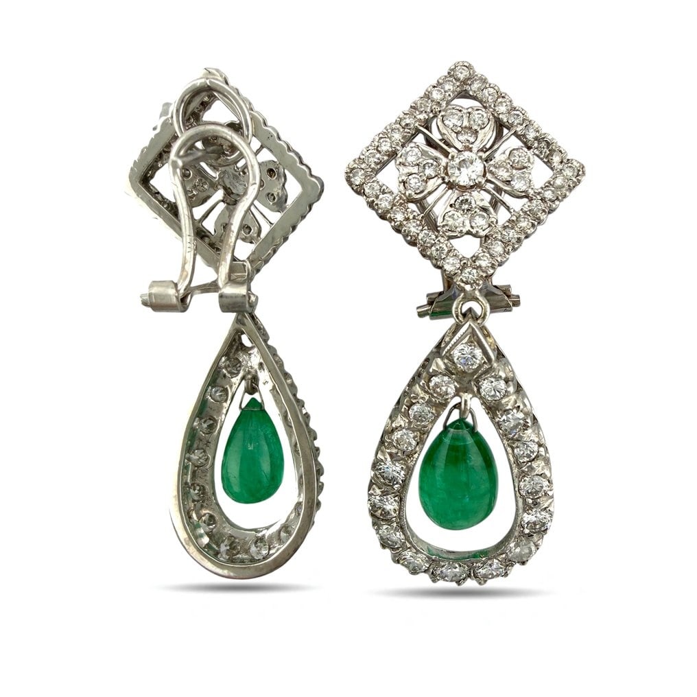 Earrings - 14 kt. Exclusive 14K White Gold 2.85ct Diamond & Emerald Dangle Earrings, White gold -: Exclusive 14K White Gold 2.85ct Diamond & Emerald Dangle EarringsThese refined 14 karat white gold dangle earrings are designed with graceful movement and sculptural balance. Each earring begins with