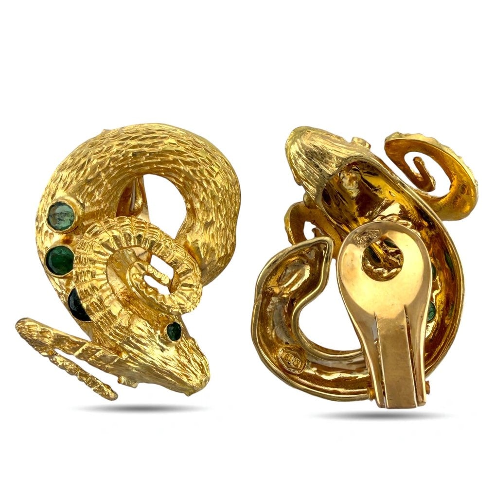 Earrings - 18 kt. Yellow gold, Exclusive 18K Yellow Gold Emerald Ram Clip-On Earrings: Exclusive 18K Yellow Gold Emerald Ram Clip-On EarringsThese striking 18K yellow gold earrings feature a dynamic ram design, with elegantly curling horns that enhance their sculptural appeal. Each earr