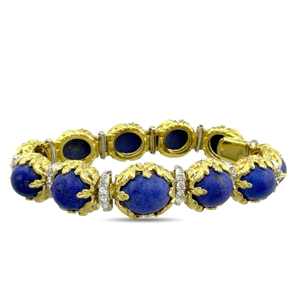 Bracelet - 18 kt. Yellow gold, Exclusive French 18K Yellow Gold Lapis Lazuli and 2.20ct Diamond: Exclusive French 18K Yellow Gold Lapis Lazuli and 2.20ct Diamond BraceletThis beautifully crafted bracelet features bold lapis stones set in warm yellow gold, giving the piece a rich, refined presence