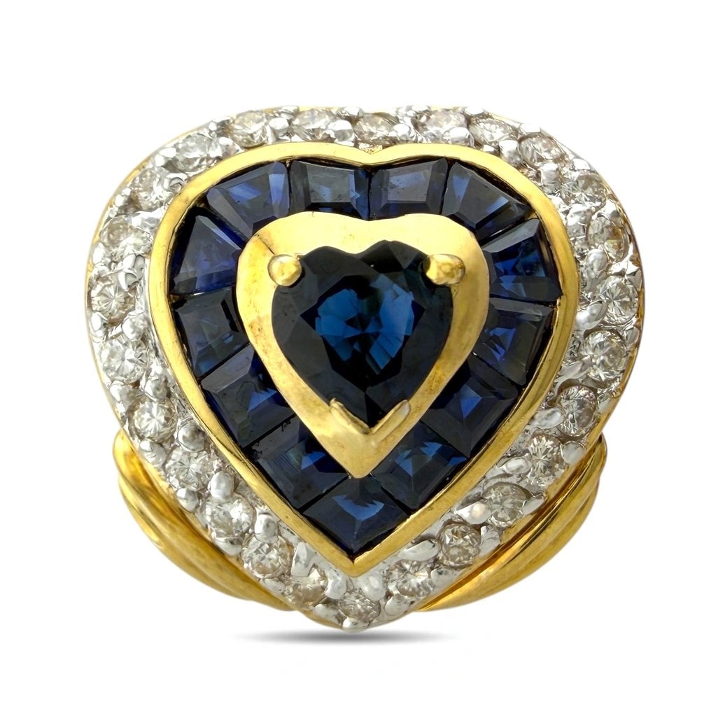 Earrings - 18 kt. Yellow gold, Exclusive 18K Yellow Gold Heart-Shaped Sapphire and 1.08ct Diamond: Exclusive 18K Yellow Gold Heart-Shaped Sapphire and 1.08ct Diamond EarringsThese striking heart-shaped earrings are crafted in rich 18 karat yellow gold and designed with a layered composition that cr