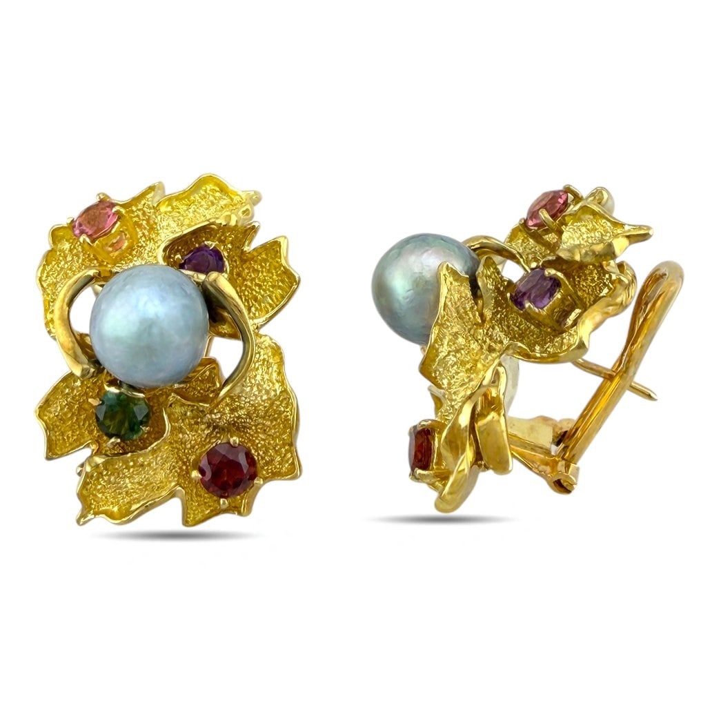 Earrings - 18 kt. Yellow gold, Exclusive 18K Yellow Gold Multi-Gemstone & Pearl Earrings: Exclusive 18K Yellow Gold Multi-Gemstone & Pearl EarringsA sophisticated pair of 18K gold earrings featuring a harmonious arrangement of vivid gemstones surrounding a central pearl. Each earring showc