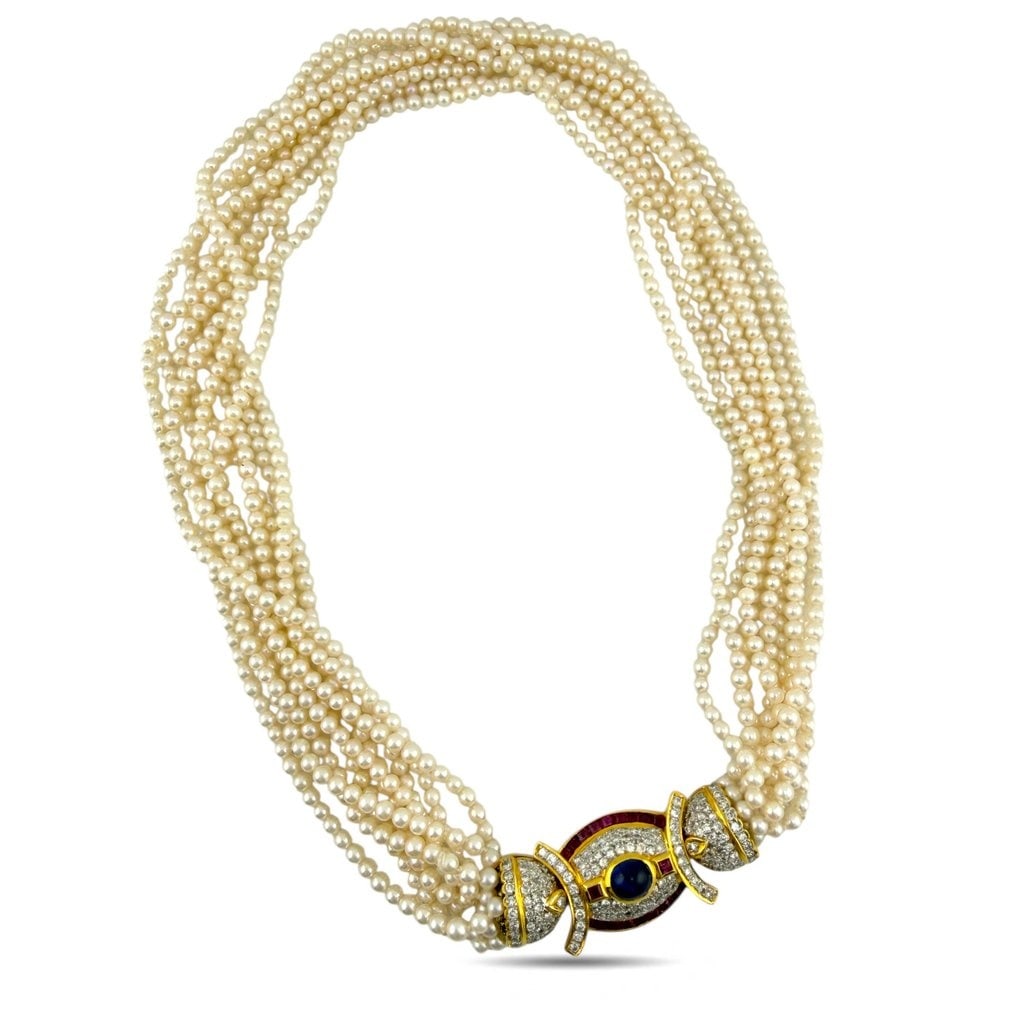 2 piece jewellery set - 18 kt. Yellow gold, Exclusive 18K Yellow Gold Pearl 9.60ct Diamond, 2.40ct: Exclusive 18K Yellow Gold Pearl 19.60ct Diamond, 2.40ct Rubies, and 2.50ct Cabochon Sapphire Necklace and Bracelet SetThis magnificent 18K yellow gold set features bold cabochon sapphires that create