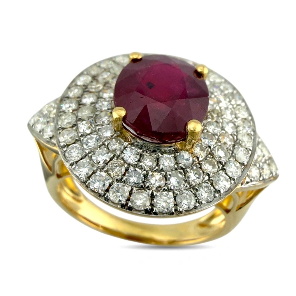 Ring - 14 kt. Yellow gold, Exclusive 14K Yellow Gold 3.25ct Ruby and 1.14ct Diamond Cocktail Ring -: Exclusive 14K Yellow Gold 3.25ct Ruby and 1.14ct Diamond Cocktail RingThis striking cocktail ring is crafted in rich 14K yellow gold and showcases a large oval-cut ruby at its center. The vivid ruby i