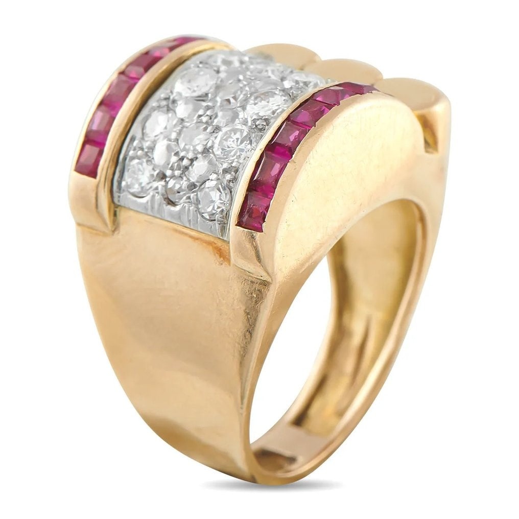 Ring - 18 kt. Rose gold, 18K Rose Gold 0.75ct Diamond and Ruby Ring - 0.75ct. tw.: 18K Rose Gold 0.75ct Diamond and Ruby RingMid-Century design elements make this retro ring an essential piece for anyone who appreciates classic elegance. Inset Diamonds totaling 0.75 carats effortles