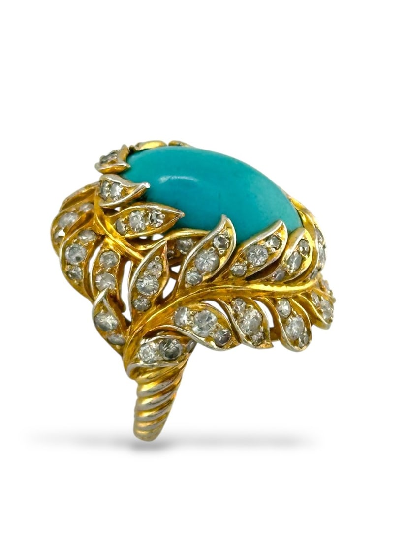 Ring - 18 kt. White gold, Yellow gold, Two-Tone 18K Yellow and White Gold Ring with Turquoise and: Two-Tone 18K Yellow and White Gold Ring with Turquoise and 3.00 Carats of DiamondsThis striking ring showcases a vivid turquoise centerpiece set in a luxurious combination of 18K yellow and white gold