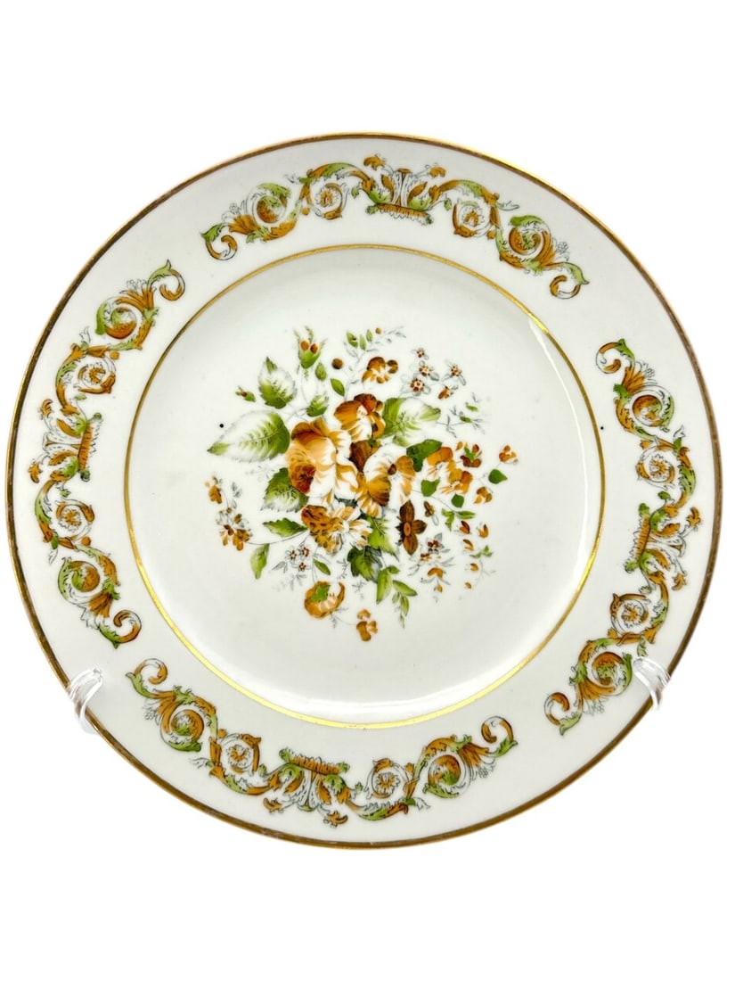 Imperial Russian Popov (AP) Manufactory Porcelain Floral Painting Soup Plate - Plate - Porcelain: Imperial Russian AP Popov porcelain factory plate / soup bowl with transfer decorated florals and gold banded rimsThe Popov Manufactory was among the most important private manufacturers of hard-paste