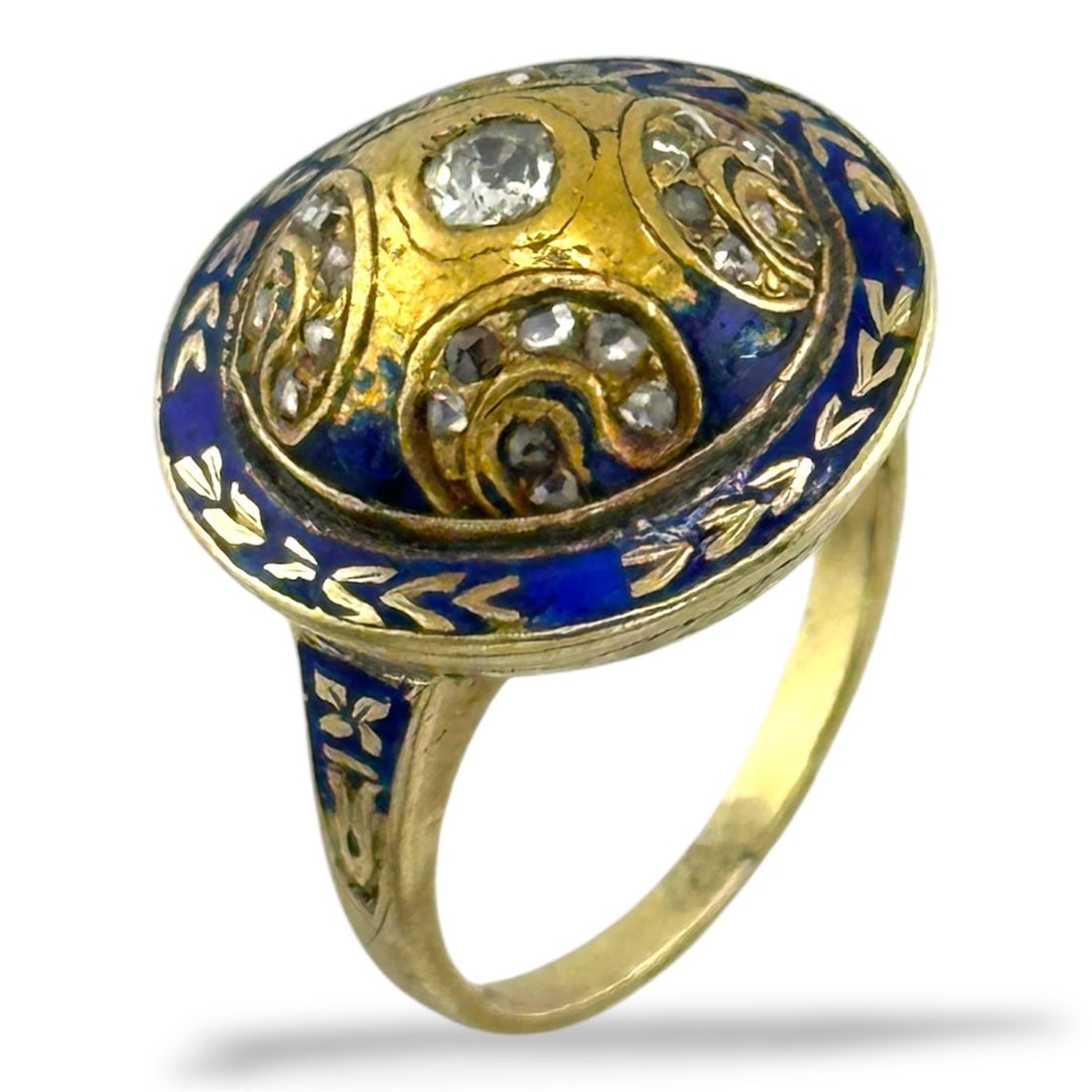 Ring - 14 kt. Yellow gold, Antique Victorian Yellow Gold and Enamel Women's Ring with Diamonds -: Antique Victorian 14K Yellow Gold Enamel Ring with 29 DiamondsA charming example of Victorian-era craftsmanship, this antique women’s ring features elegant enamel detailing set in 14K yellow gold. E