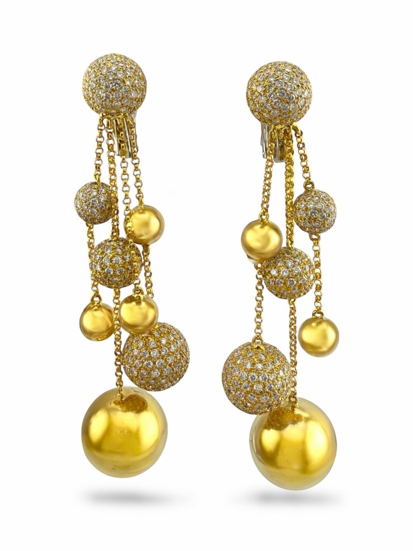 Earrings - 18 kt. Yellow gold, 18K Yellow Gold and Diamond Ball Drop Earrings: Vintage 18K Yellow Gold Diamond Ball Drop EarringsA captivating pair of 18K yellow gold earrings designed with elegant dangling spheres fully adorned in brilliant diamonds. The intricate craftsmanship