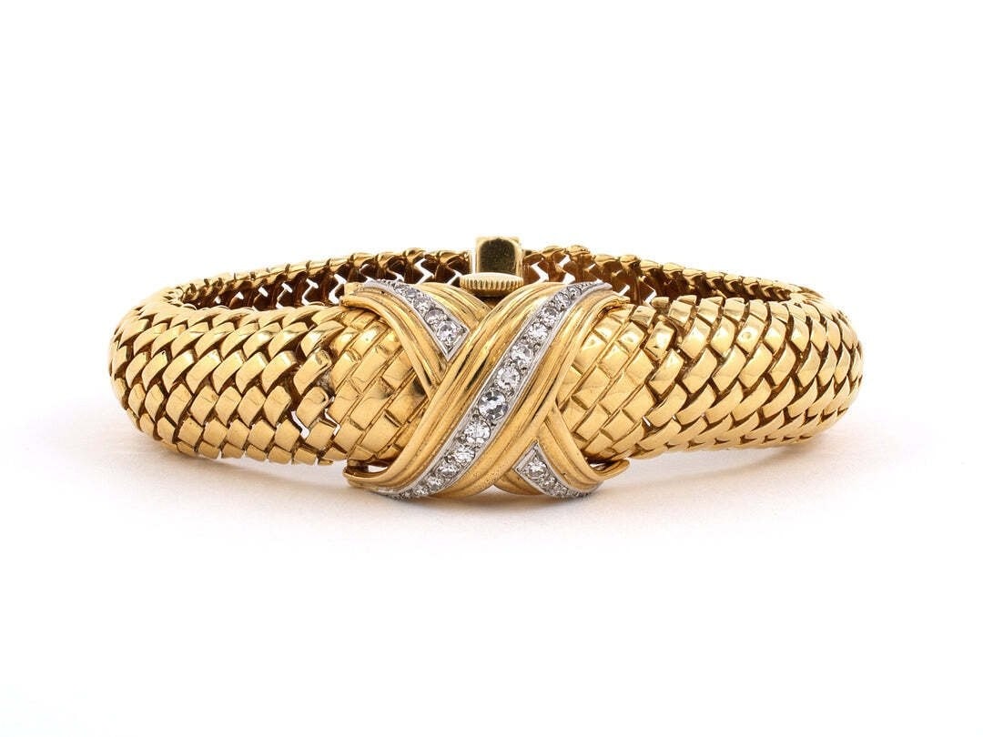 Bracelet - 18 kt. Yellow gold, 18K Yellow Gold and Diamond Bracelet / Watch - 0.22ct. tw.: 18K Yellow Gold Platinum and Diamond "Gubelin" Convex Domed Mesh Style Covered Bracelet Watch, Gobelin Rare 18K Gold Watch & Bracelet Gobelin. 18K Gold Bracelet with Diamonds and Hidden WatchMaterial: