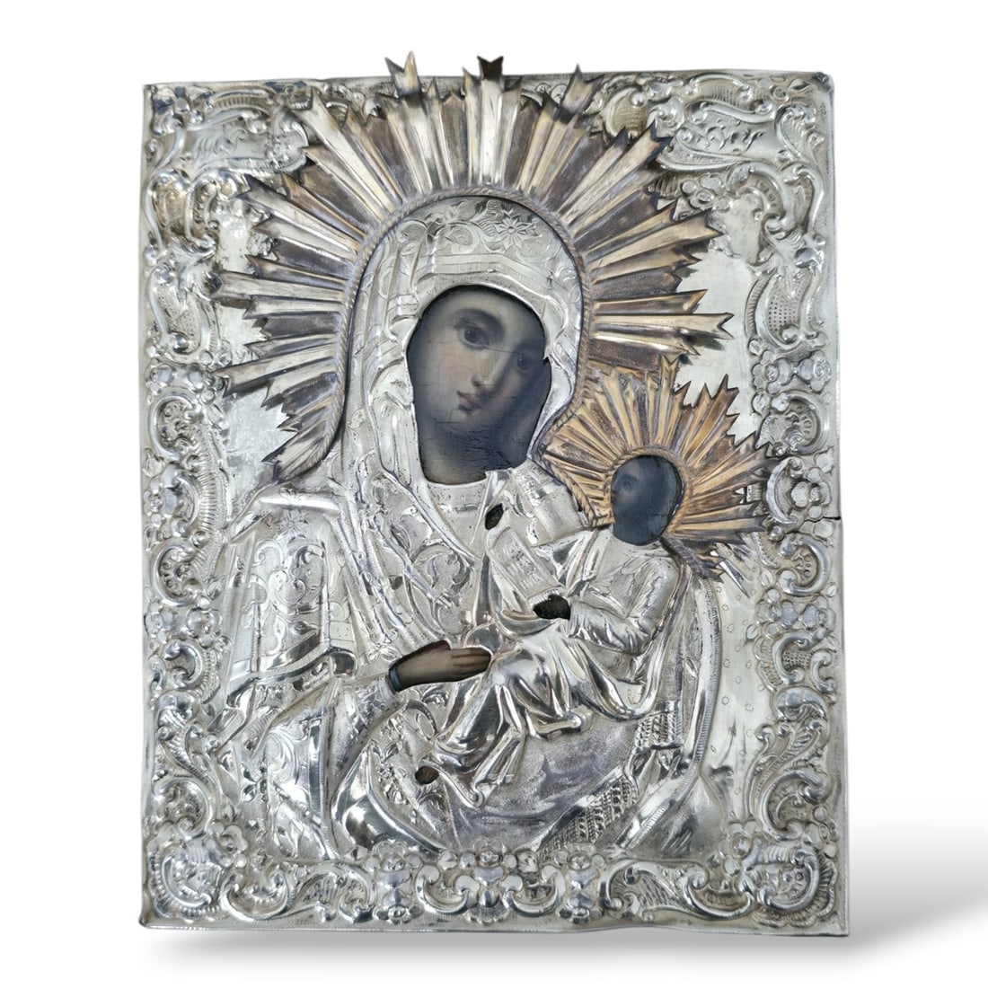 Icon - 19th century Russian Antique Silver Icon Mother of God d. 1855 - .875 (84 Zolotniki) silver: 19th century Russian Antique Silver Icon of the Sooth my Sorrow Mother of God d. 1855 the infant Christ reclined on his mother's lap and holding a scroll beginning with the words taken from Zechariah