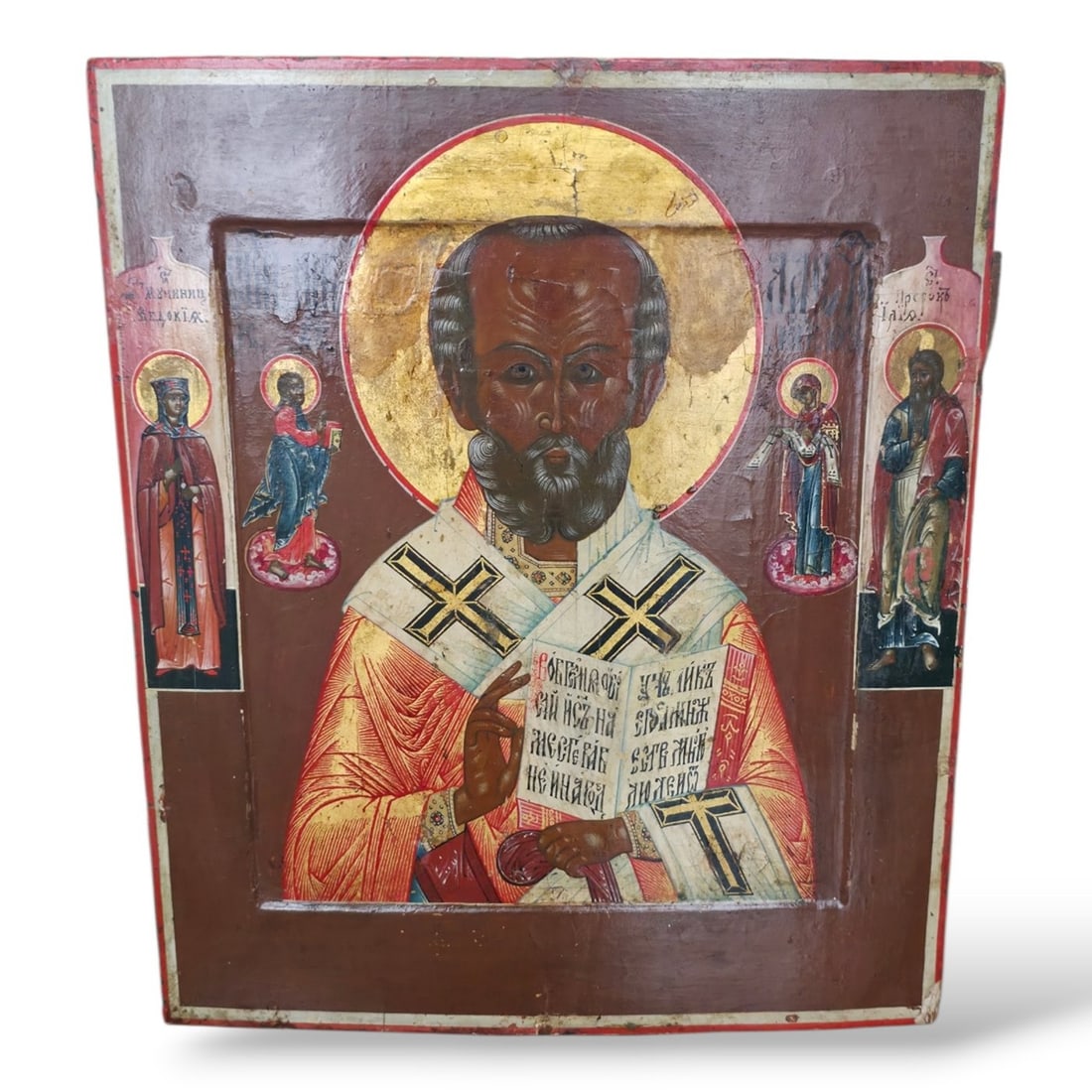 Icon - Russian Antique 19th century icon of St. Nicholas Circa 1900 - Wood: Russian Antique 19th century icon of St. Nicholas St. Nicholas traditionally painted depicted as a bishop, the left border painted with the female martyr Evdokia, and the right border painted with the