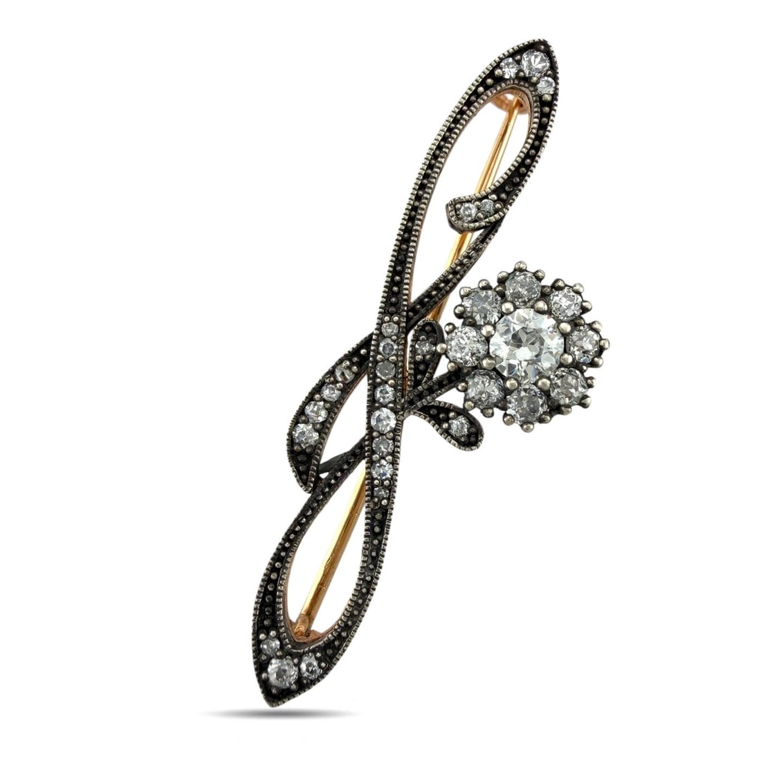 Brooch - 14 kt. Yellow gold, Imperial Russian Antique 56K Rose Gold & 1.02ct Diamond Brooch -: Imperial Russian 56K Rose Gold & 1.02ct Diamond Brooch, Workmaster Alexander Tillander — With Original BoxA refined Imperial Russian 56K rose gold brooch crafted under the distinguished workmaster A