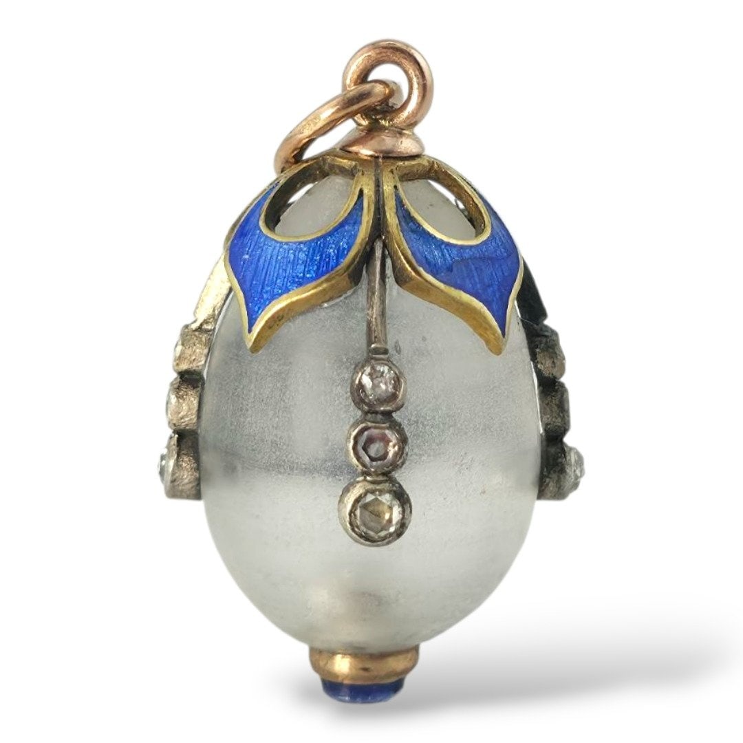Pendant - 14 kt. Yellow gold, Imperial Russian Period Jewelled 56k Gold Blue Enamel and Diamond: Imperial Russian Jewelled 56K Gold & Blue Enamel Egg PendantMaterial: Imperial Russian 56K Gold (equivalent to 14K), Blue Enamel, and Old-Cut DiamondsDimensions: Length 2.1 cm, Diameter 1.3 cmWeight: