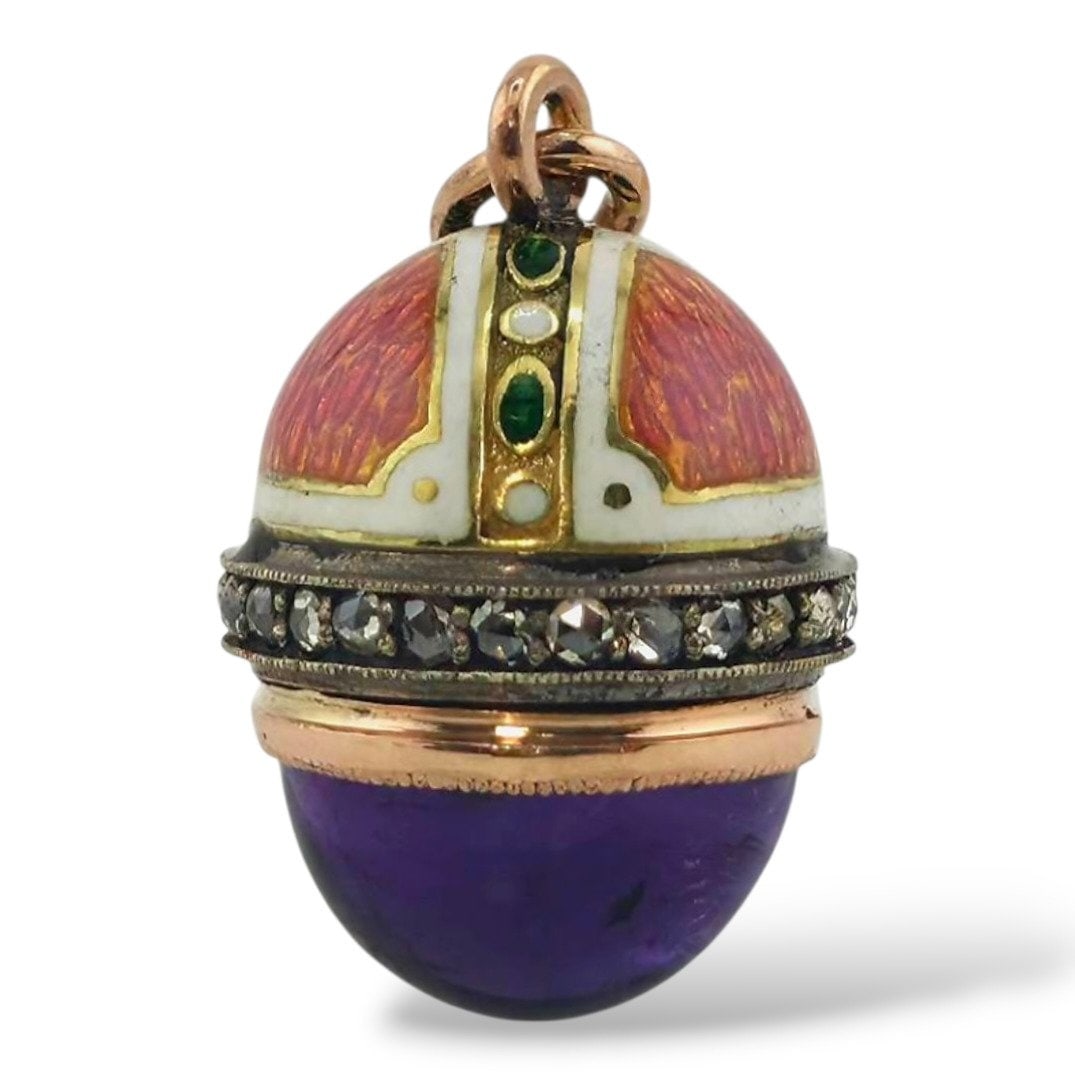 Pendant - 14 kt. Yellow gold, Imperial Russian Period Jewelled 56k Gold Enamel and Diamond Egg (1 of 11)