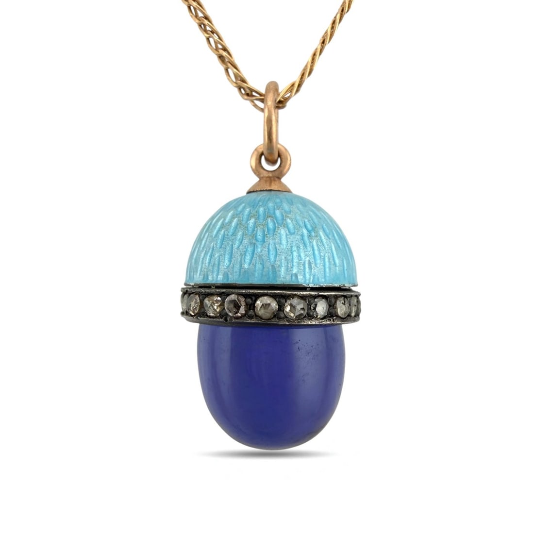 Fabergé - Pendant - 14 kt. Antique Fabergé Imperial Russian 56K (14K) Rose Gold Blue Enamel Egg: Antique Fabergé Imperial Russian 56K (14K) Rose Gold Blue Enamel Egg Pendant - Feodor AfanasievA refined and elegant Imperial Russian egg pendant crafted in 56K (14K) gold and adorned with rich blue