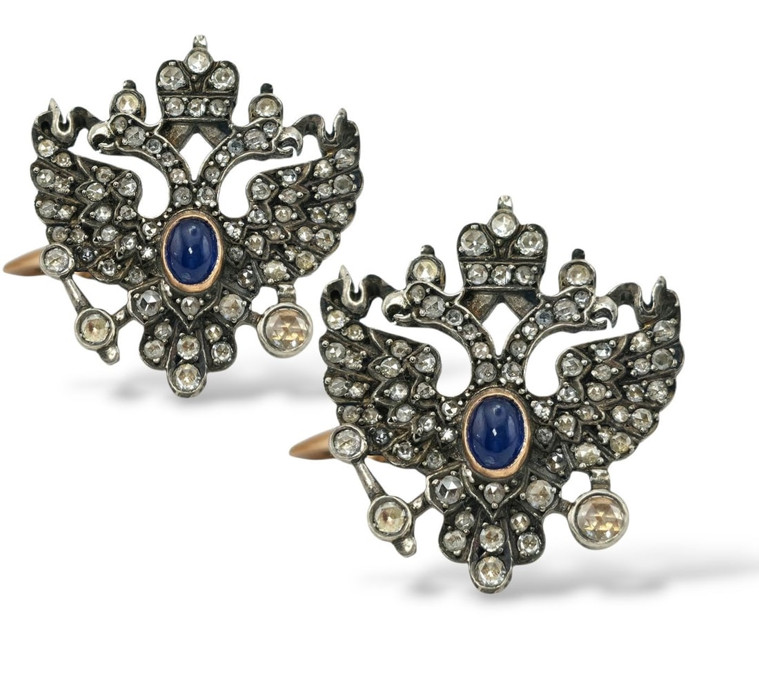 Cufflinks - 14 kt. Yellow gold, Imperial Russian Period Gold & Diamond Presentation Cufflinks: Imperial Russian Jeweled 56K Gold & Diamond Presentation Imperial Cufflinks Marked with initials A*H for Fabergé master August Hollming, active 1880-1913Material: Marked 56 Gold 56 assay value (14 kt