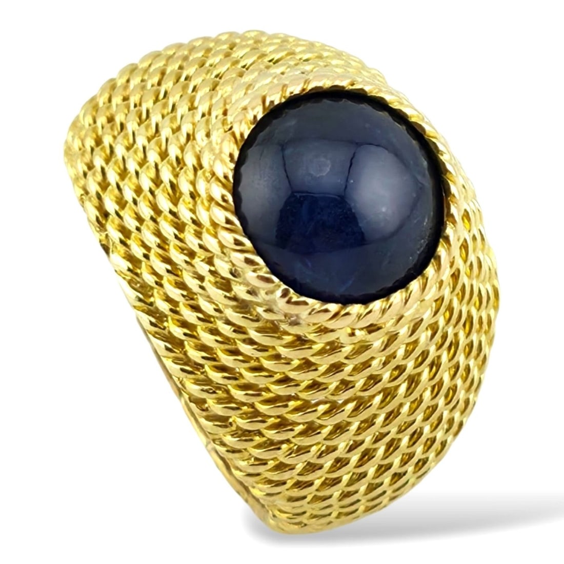 Boucheron - Ring - 18 kt. Yellow gold, Boucheron Vintage 18K Yellow Gold and 4.0ct Natural Sapphire: Boucheron Vintage 18K Yellow Gold and 4.0ct Natural Sapphire Rope Dome RingThe Boucheron Vintage 18K Yellow Gold Sapphire Rope Dome Ring is a luxurious and elegant piece of jewelry. Crafted with 18K y