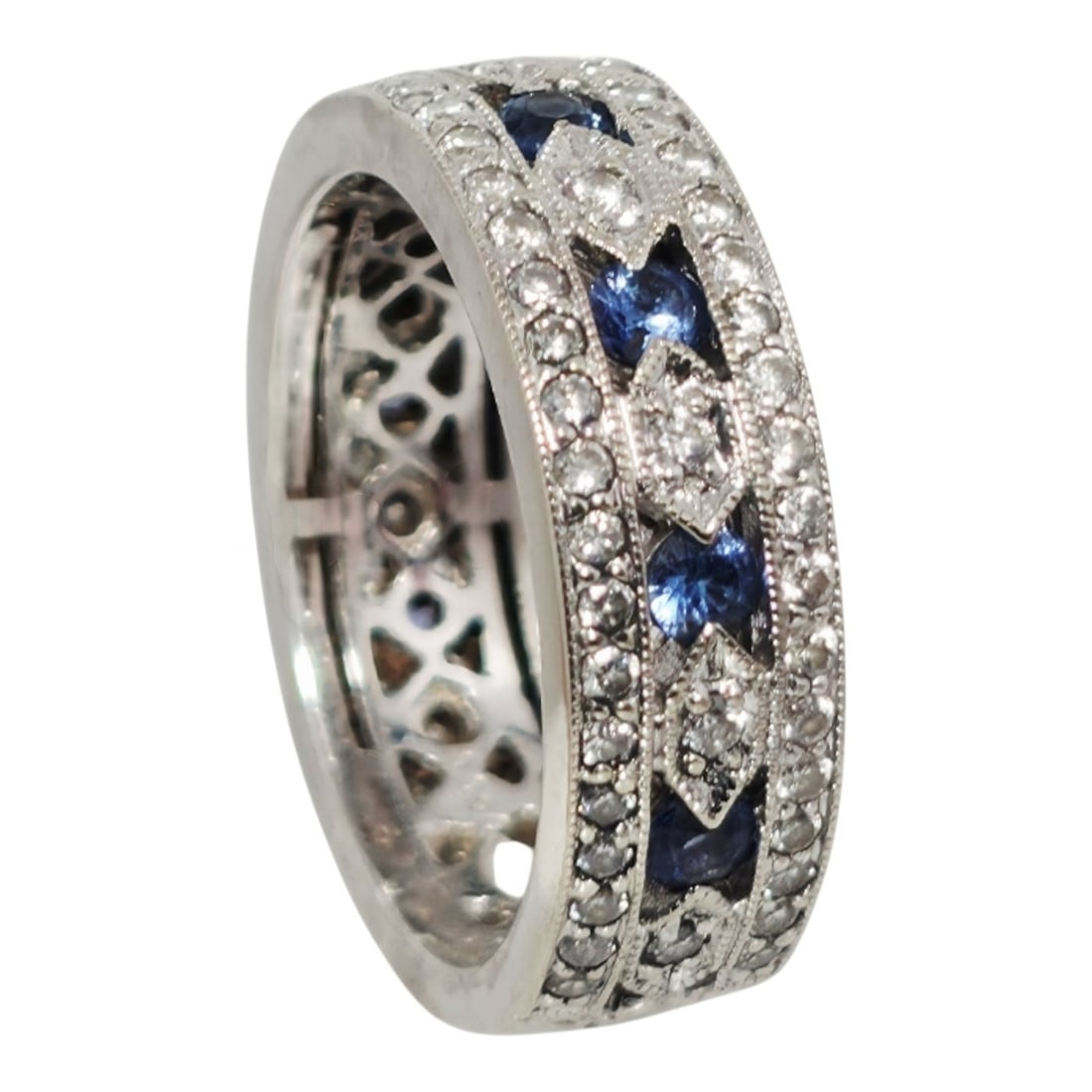 Ring - 18 kt. Exclusive 18K White Gold 0.57ct Diamond and Sapphire Band Ring, White gold - 0.57ct.: Exclusive 18K White Gold 0.57ct Diamond and Sapphire Band RingThis refined band ring is crafted in luminous 18 karat white gold and designed with a balanced rhythm of vivid blue sapphires and sparklin