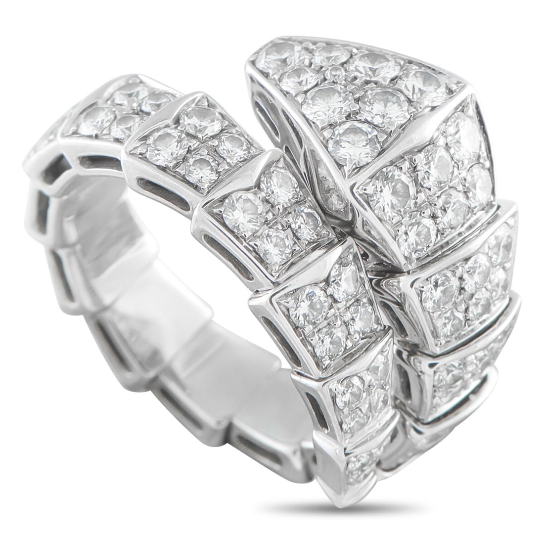 Bvlgari Serpenti 18K White Gold 1.89 ct Diamond Ring: Bvlgari Serpenti 18K White Gold 1.89 ct Diamond Ring Covered in sparkling Diamonds with a total weight of 1.89 carats, this Bvlgari Serpenti ring is as stylish as it is statement-making. The sinuous d
