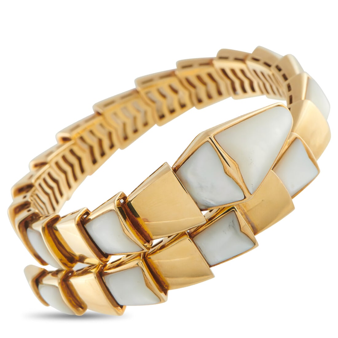Bvgari Serpenti 18K Yellow Gold Mother of Pearl Bracelet: Bvgari Serpenti 18K Yellow Gold Mother of Pearl Bracelet This jewelry piece is offered in estate condition and includes the manufacturer’s box & papers. METAL & STONES Metal 18K Yellow Gold Stones M