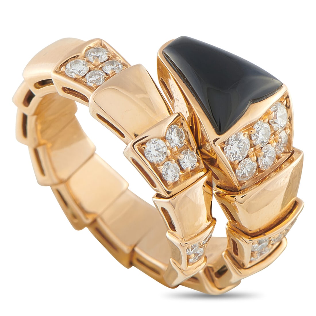 BVLGARI Serpenti 18K Rose Gold Diamond and Onyx Ring: BVLGARI Serpenti 18K Rose Gold Diamond and Onyx Ring METAL & STONES Metal18K Rose Gold StonesDiamond, Onyx Stamp750 DIMENSIONS Size M Weight10.0 grams Band Thickness6 Ring Top Height6