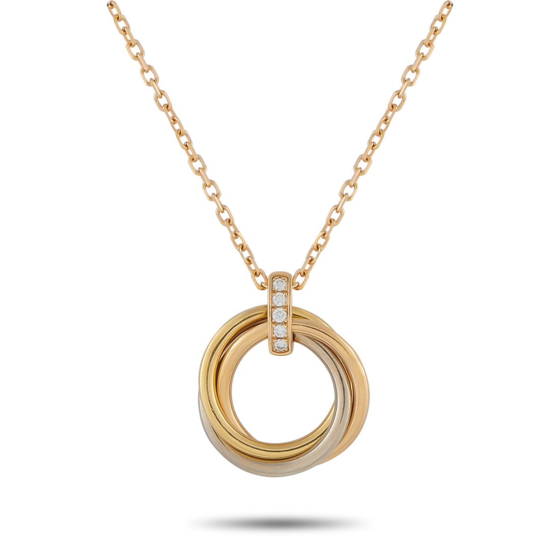 CARTIER Trinity 18K Rose, Yellow, and White Gold Diamond Pendant Necklace: CARTIER Trinity 18K Rose, Yellow, and White Gold Diamond Pendant Necklace Metal18K Yellow Gold, 18K White Gold, 18K Rose Gold StonesDiamond Stamp750 Jewel ClosureLobster Length16.00 " Pendant Length0.
