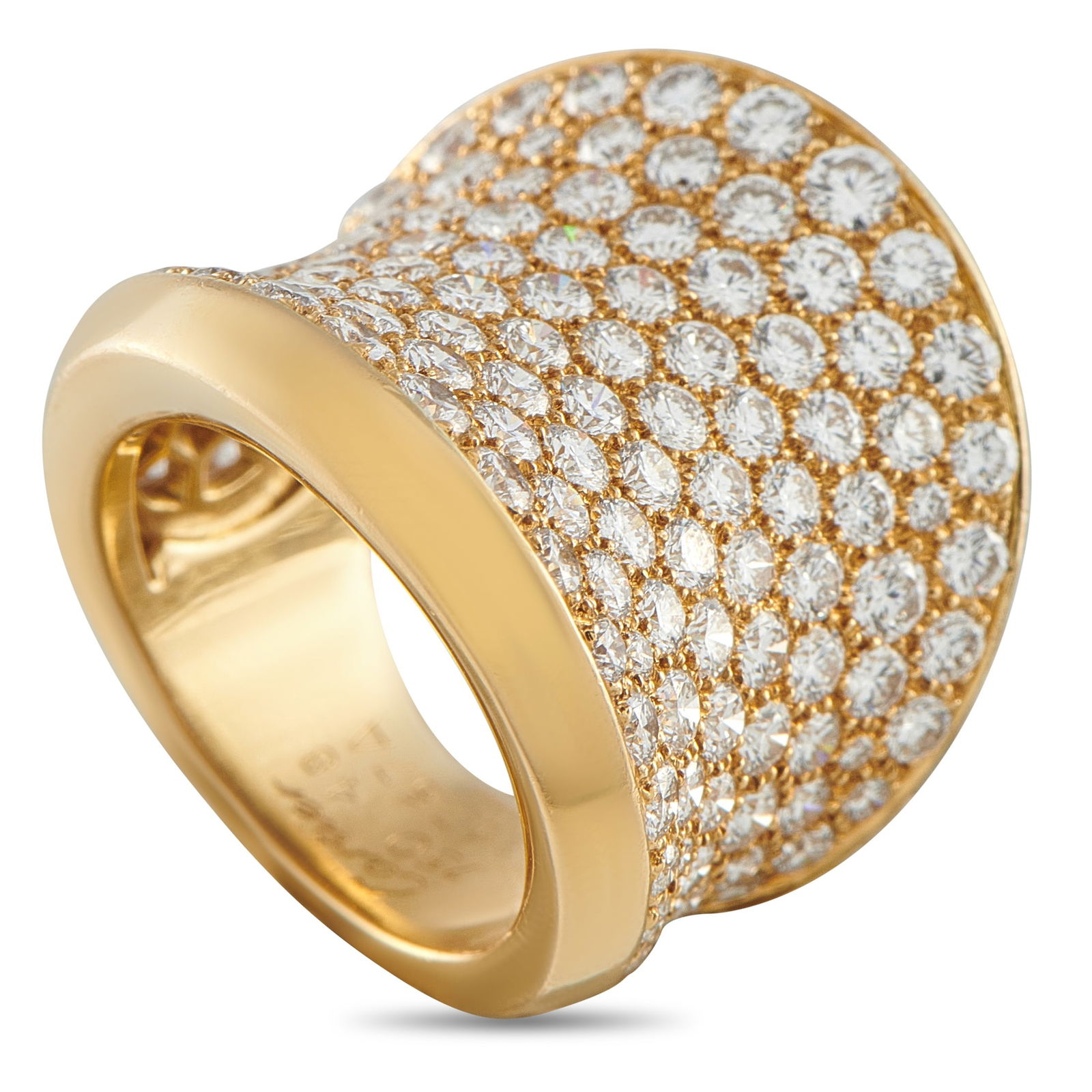 Cartier Chalice 18K Yellow Gold 5.50ct Diamond Ring: A gently curved 18K Yellow Gold setting sets the stage for this impressive Cartier Chalice ring. Simple and elegant, the evocative design is elevated by sparkling inset Diamonds with a total weight of