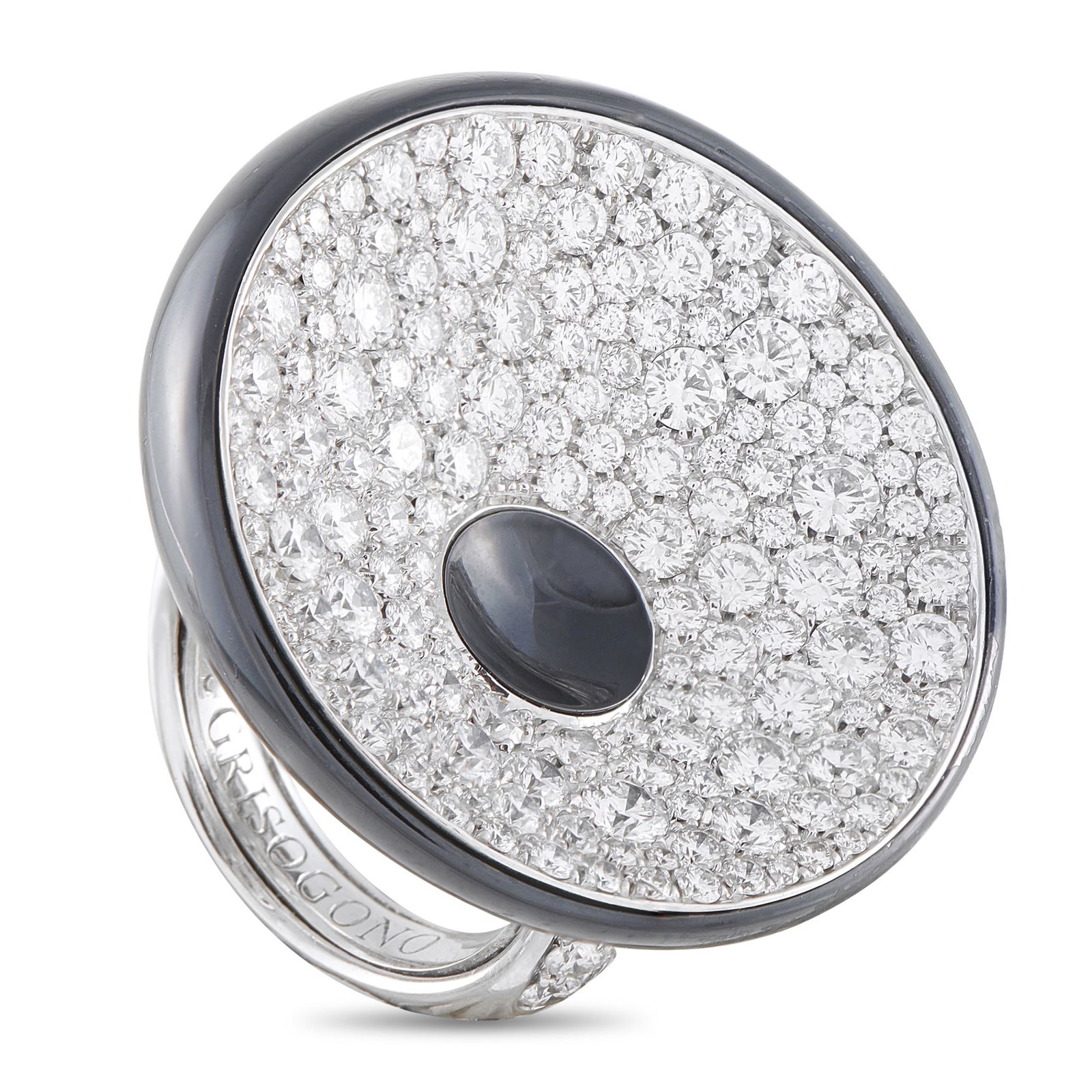 de Grisogono 18K White Gold 6.76ct Diamond Statement Ring: For maximalist glamour. This de Grisogono statement ring is crafted in lustrous 18K white gold, with a diamond-traced band leading up to the remarkable centerpiece. A bold, oversized onyx disc rests a