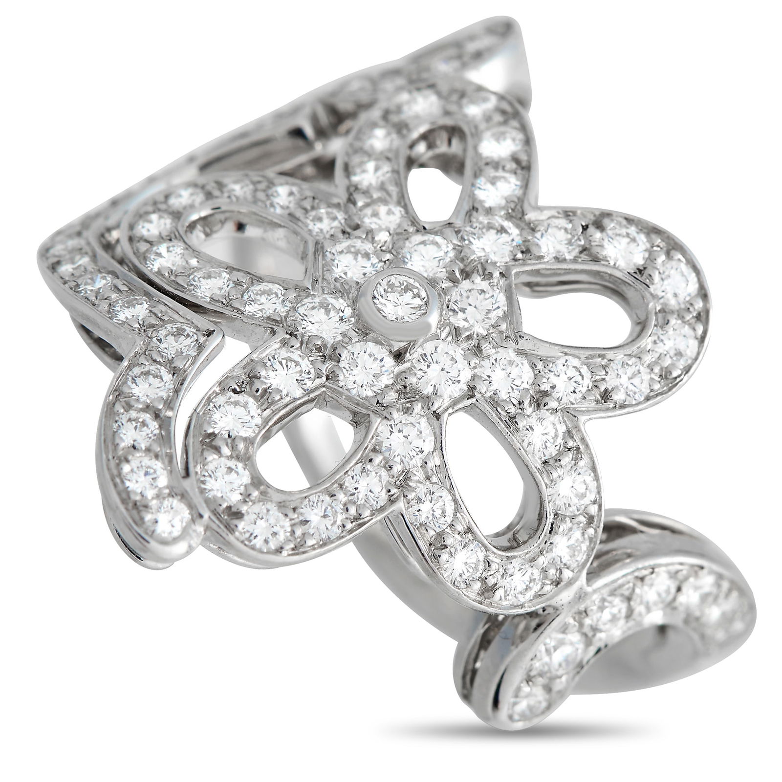Van Cleef & Arpels 18K White Gold 0.85ct Diamond Flower Lace Cocktail Ring: A beautiful piece to add a touch of glamour to your everyday smart casual or special occasion outfits. The ring whispers elegance with its flower-inspired lace-like design. The 18K white gold band fea