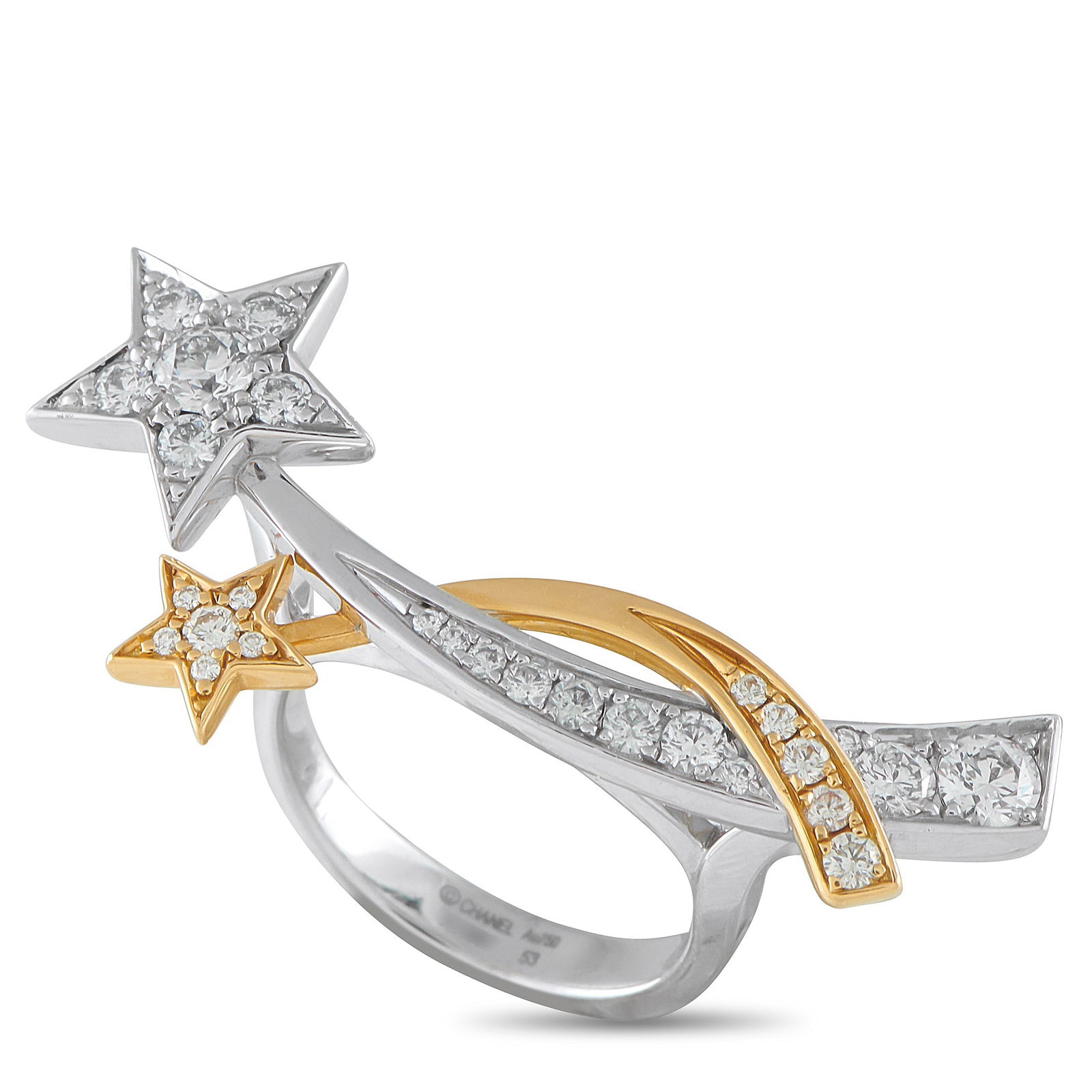 Chanel Comete 18K White and Yellow Gold 1.06ct Diamond Ring: This celestially inspired Chanel Comete ring is simply unforgettable. Shooting star motifs crafted from 18K White Gold and 18K Yellow Gold gracefully intertwine, creating a dynamic piece of jewelry wi