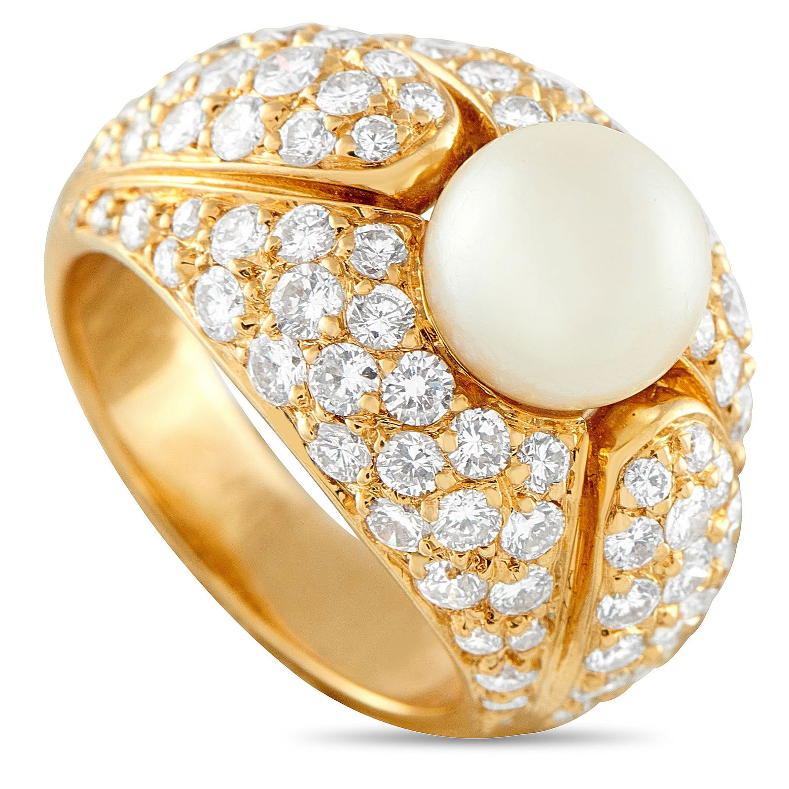 Cartier 18K Yellow Gold 2.25ct Diamond and Pearl Ring: This Cartier ring flawlessly combines exceptional craftsmanship and contemporary elegance. A Pearl at the center of the 18K Yellow Gold setting offers a stylish alternative to a traditional center sto