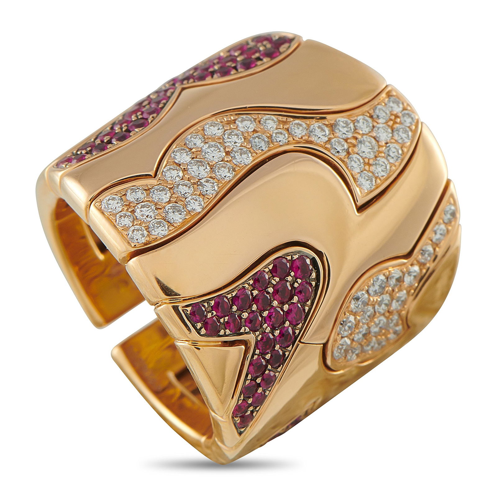 Marina B.18K Yellow Gold Diamond and Ruby Ring: This Marina B ring features a chic, contemporary sense of style. The bold 18K Yellow Gold band is elevated by captivating arrangements of Diamonds and Ruby gemstones. Ideal for even your most special