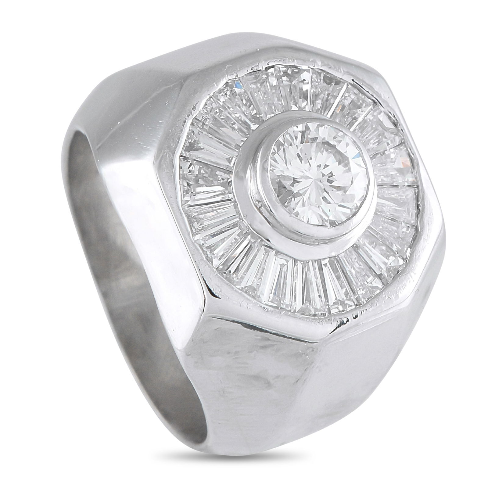 Exclusive 18K White Gold 2.38ct Diamond Ring: This scintillating ring is designed to catch the light. A 0.93 carat Diamond with I color and SI1 clarity makes a statement at the center of the 18K White Gold setting. Diamond baguettes with a total