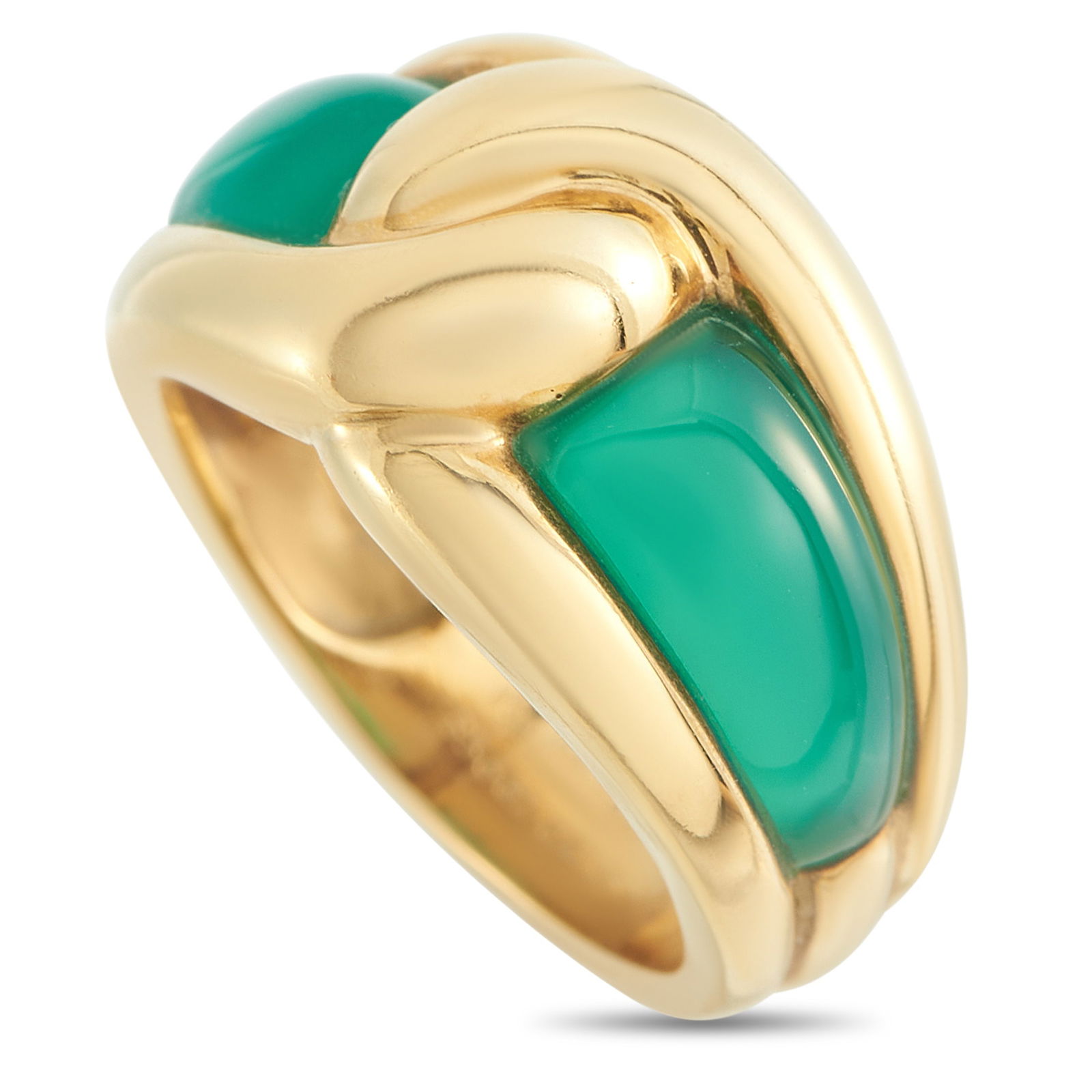 Van Cleef & Arpels 18K Yellow Gold Chalcedony Ring: Rooted in mid-century design sensibilities, this ring carries a distinctly retro character defined by soft curves and confident use of color. The yellow gold band features a looped form, recalling an