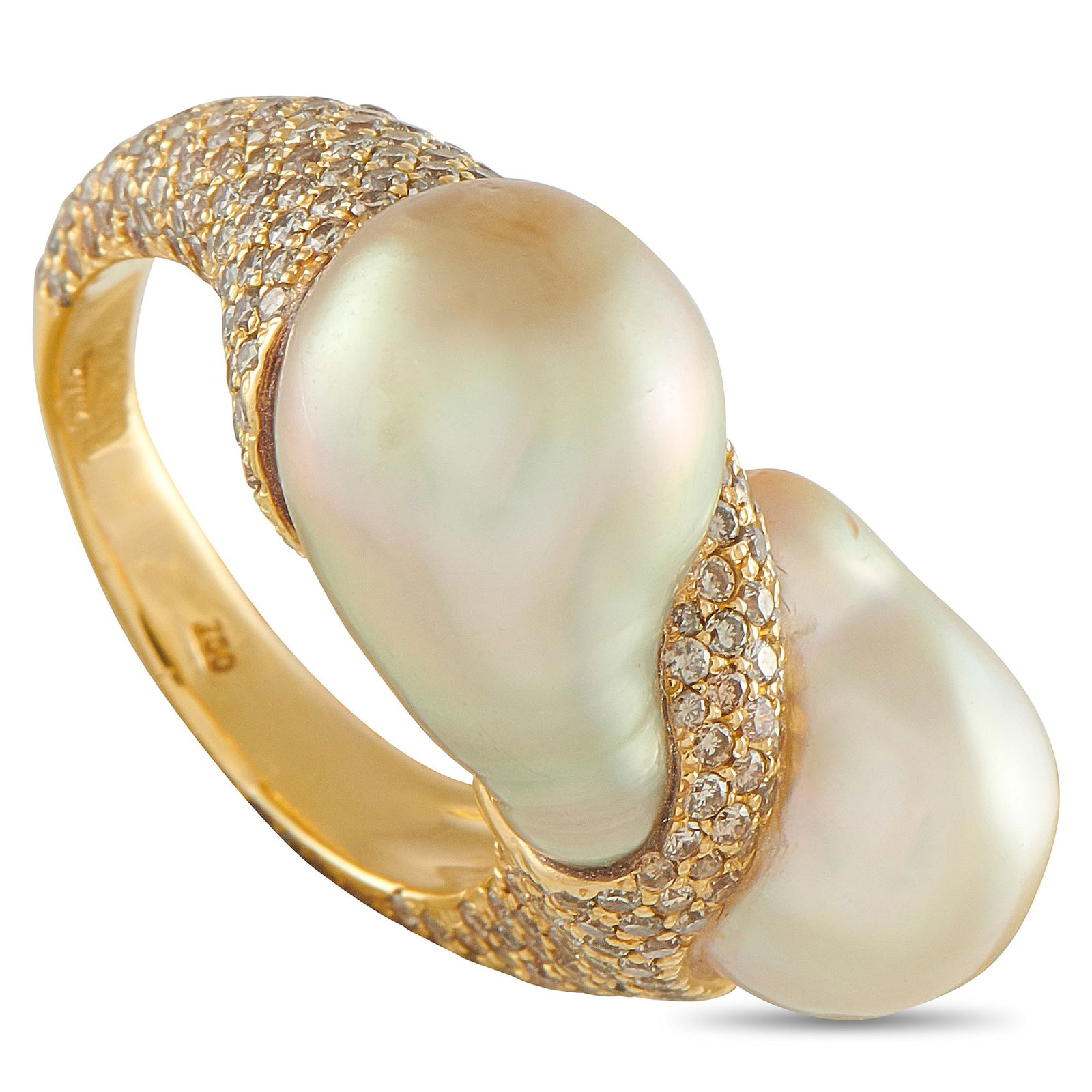 Yvel 18K Yellow Gold 2.0ct Diamond and Baroque Pearl Ring: An artistic design makes this Yvel ring nothing short of breathtaking. The 18K Yellow Gold setting winds around the luminous Baroque Pearl, highlighting the dramatic shape of the captivating center st