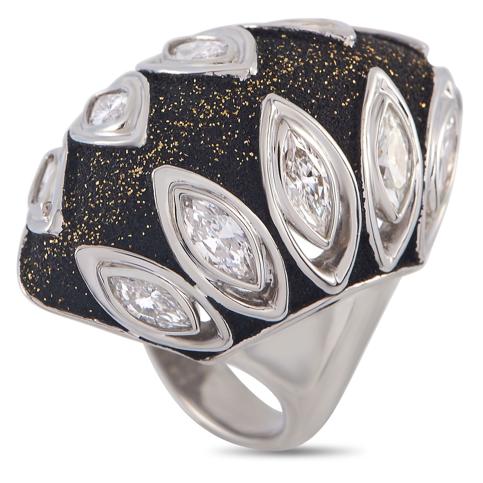 Exclusive Platinum 2.43ct Diamond Statement Ring: This Exclusive ring presents a look that fuses drama with vintage charm. It features a sleek band in polished platinum, with broad shoulders that support a domed centerpiece. The elongated form of the