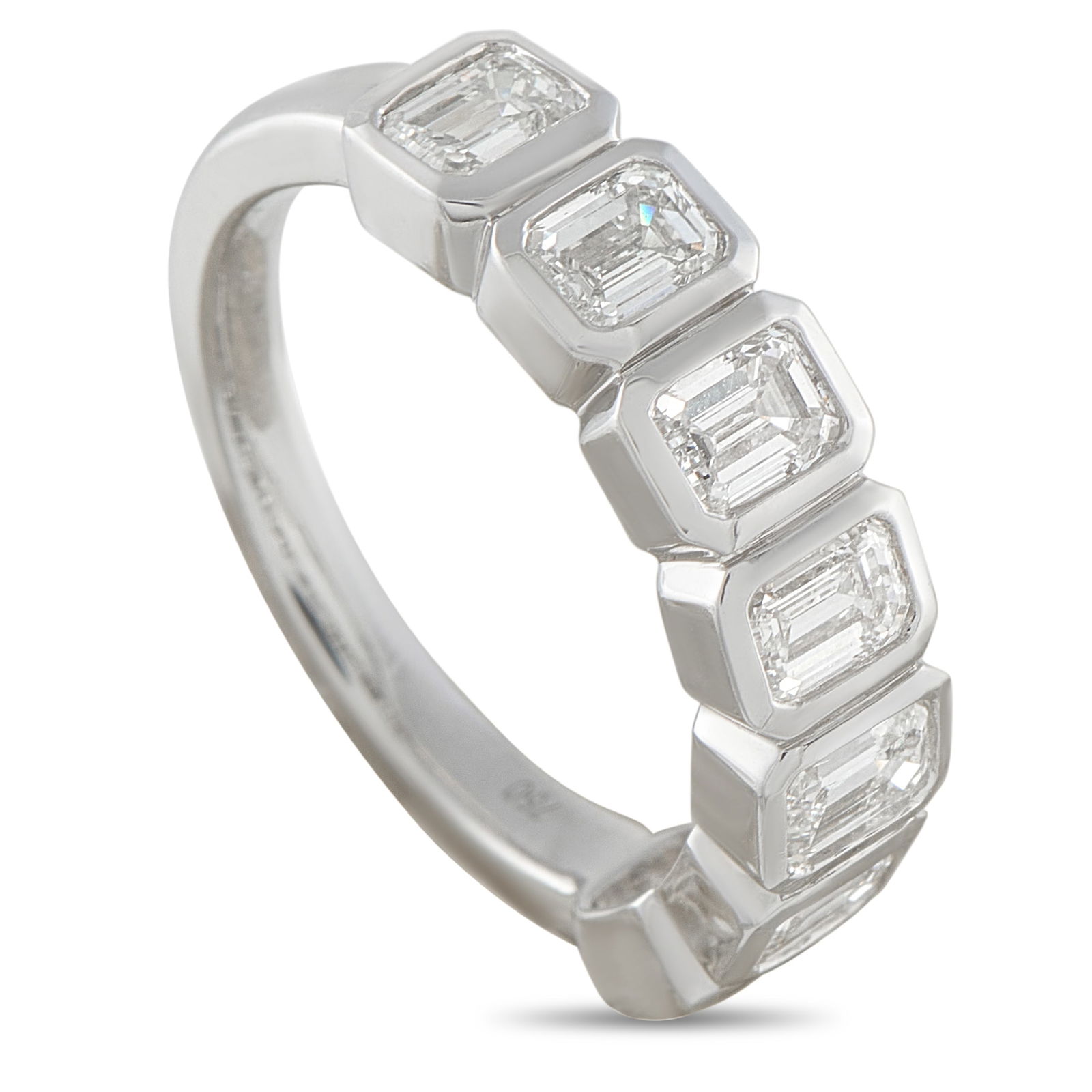 Exclusive 18K White Gold 1.75ct Diamond Emerald-Cut 7-Stone Ring: Seven emerald-cut diamonds are lined in a sequence around an 18K white gold band, each one held in a clean bezel that sharpens its lines. Together, they total 1.75 carats, offering a steady stretch of