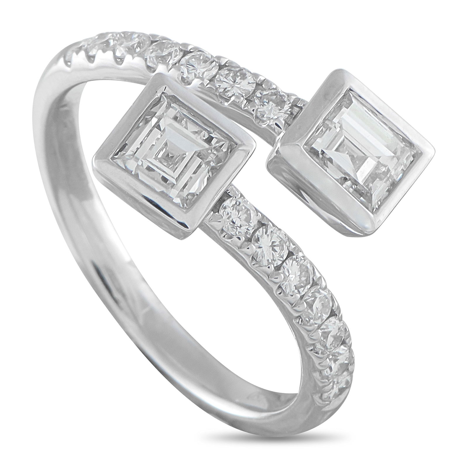 Exclusive 18K White Gold 1.42ct Diamond Bypass Ring: This bypass ring is a distinctive luxury piece that will continually capture your imagination. Diamonds with a total weight of 1.42 carats wrap around the finger, shining brightly from their place wit
