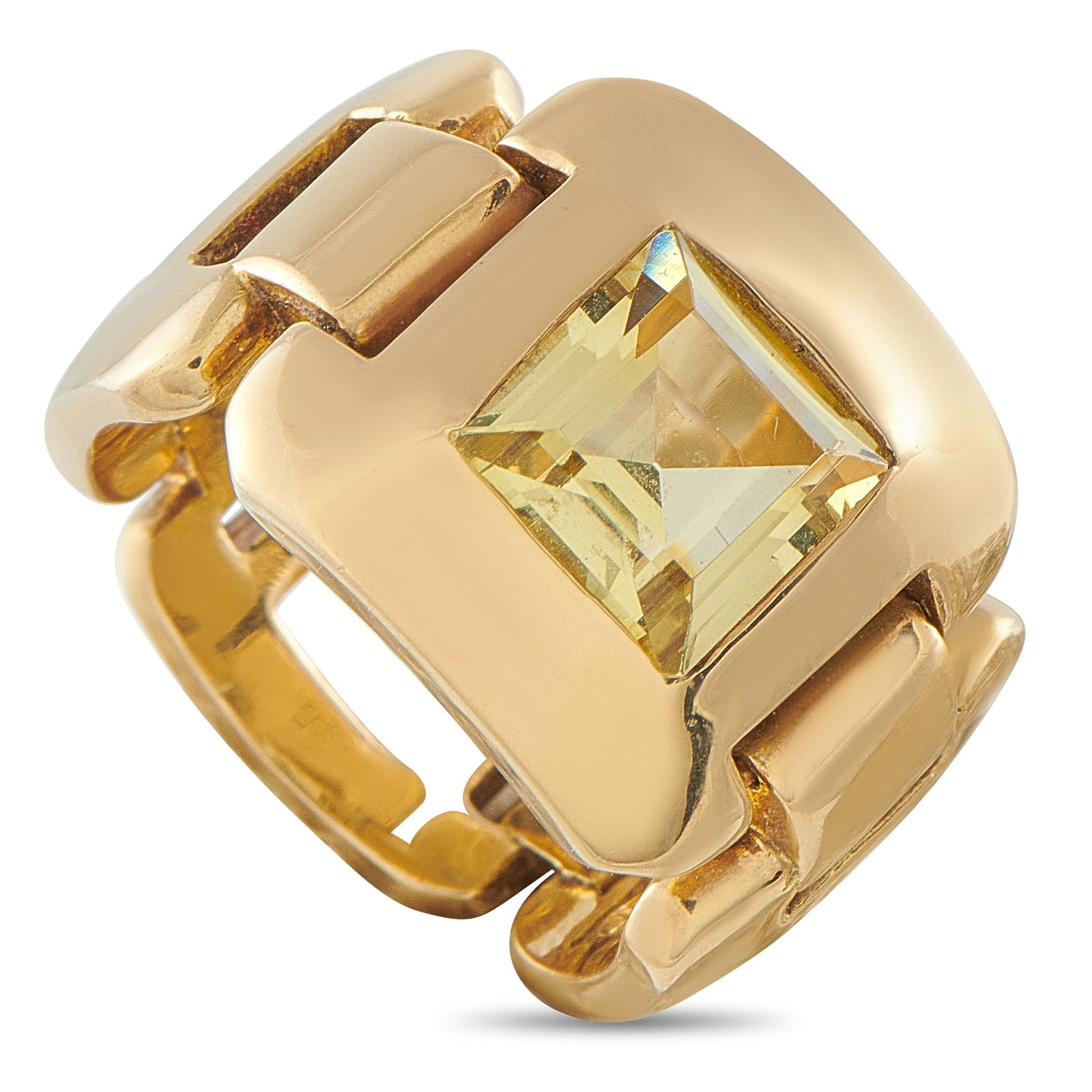 Hermes 18K Yellow Gold Citrine Ring: This Hermes ring possesses a classic sense of sophistication. Sleek and stylish, Citrine gemstones beautifully complement the timeless 18K Yellow Gold setting. An 11mm wide band and a 6mm top height m