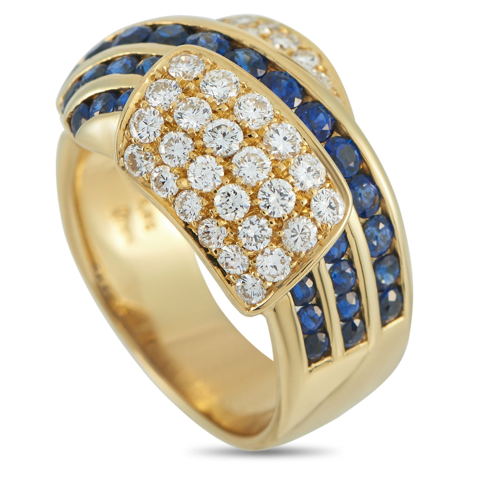 Exclusive 18K Yellow Gold 1.01ct Diamond and Sapphire Ring: Three diagonal channels of tapering blue sapphires flow across the wide band of this yellow gold piece. Panels of round diamonds overlay the curves, enhancing the ring’s sculptural beauty. Measured