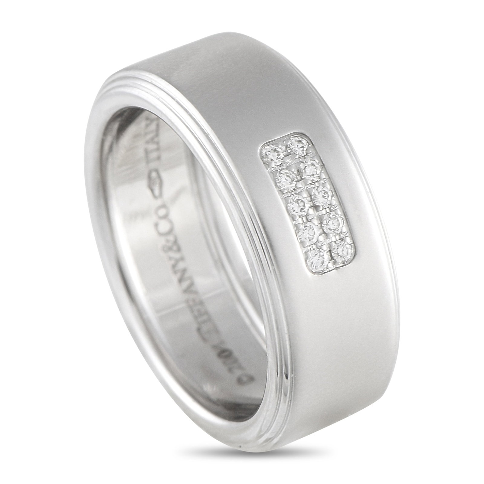 Tiffany & Co. 18K White Gold Diamond Wide Band: A ring of bold design to symbolize a timeless promise. This Tiffany & Co. wide band ring makes a fine wedding band. It features a wide 10mm profile with grooved edges for a structured appearance. At t