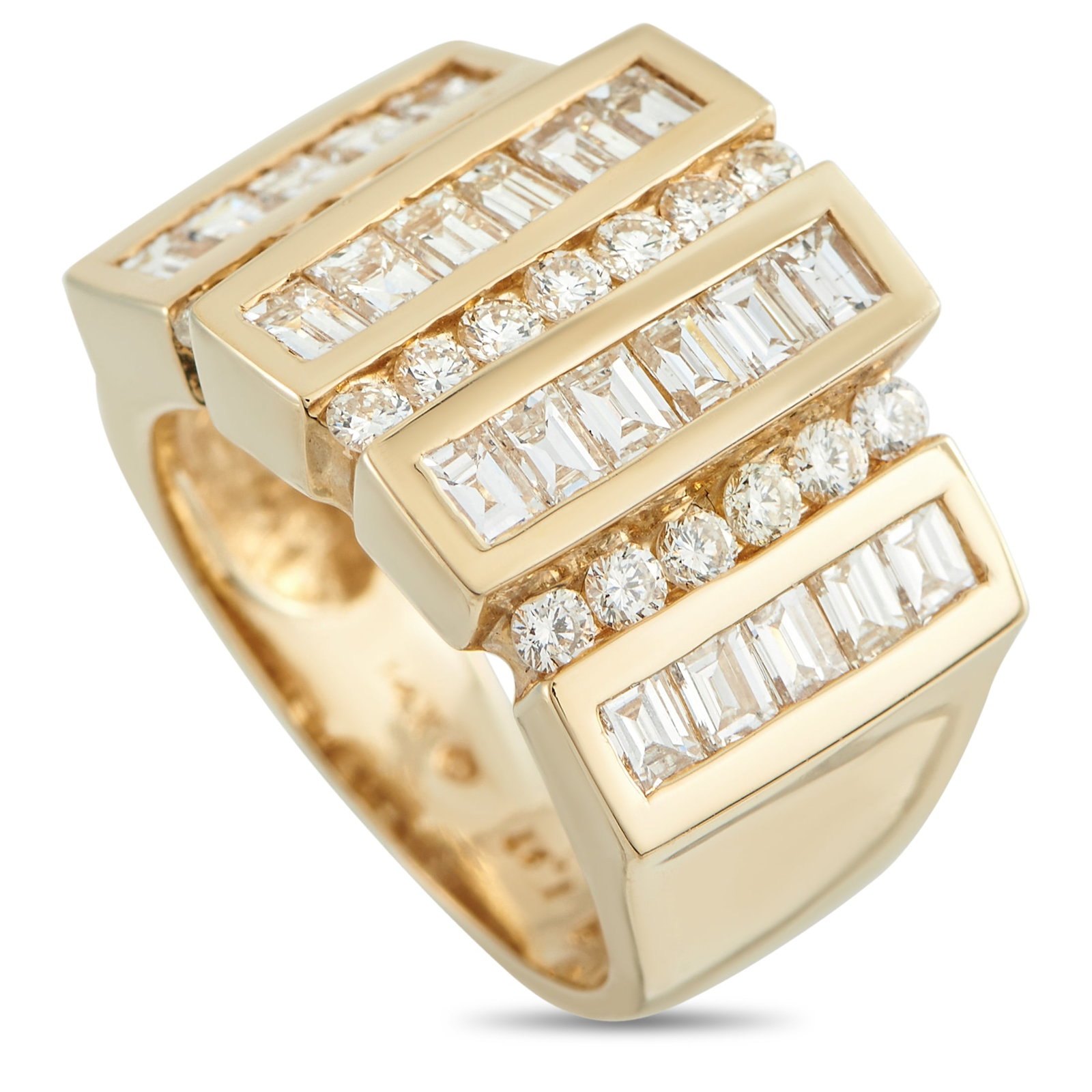 Exclusive 14K Yellow Gold 1.97ct Diamond Ring: Sleek. Sculptural. Sophisticated. Crafted in 14K yellow gold, this ring presents a 15x20mm diamond-set top defined by vertical structure. Alternating channels of baguette diamonds and rows of round di