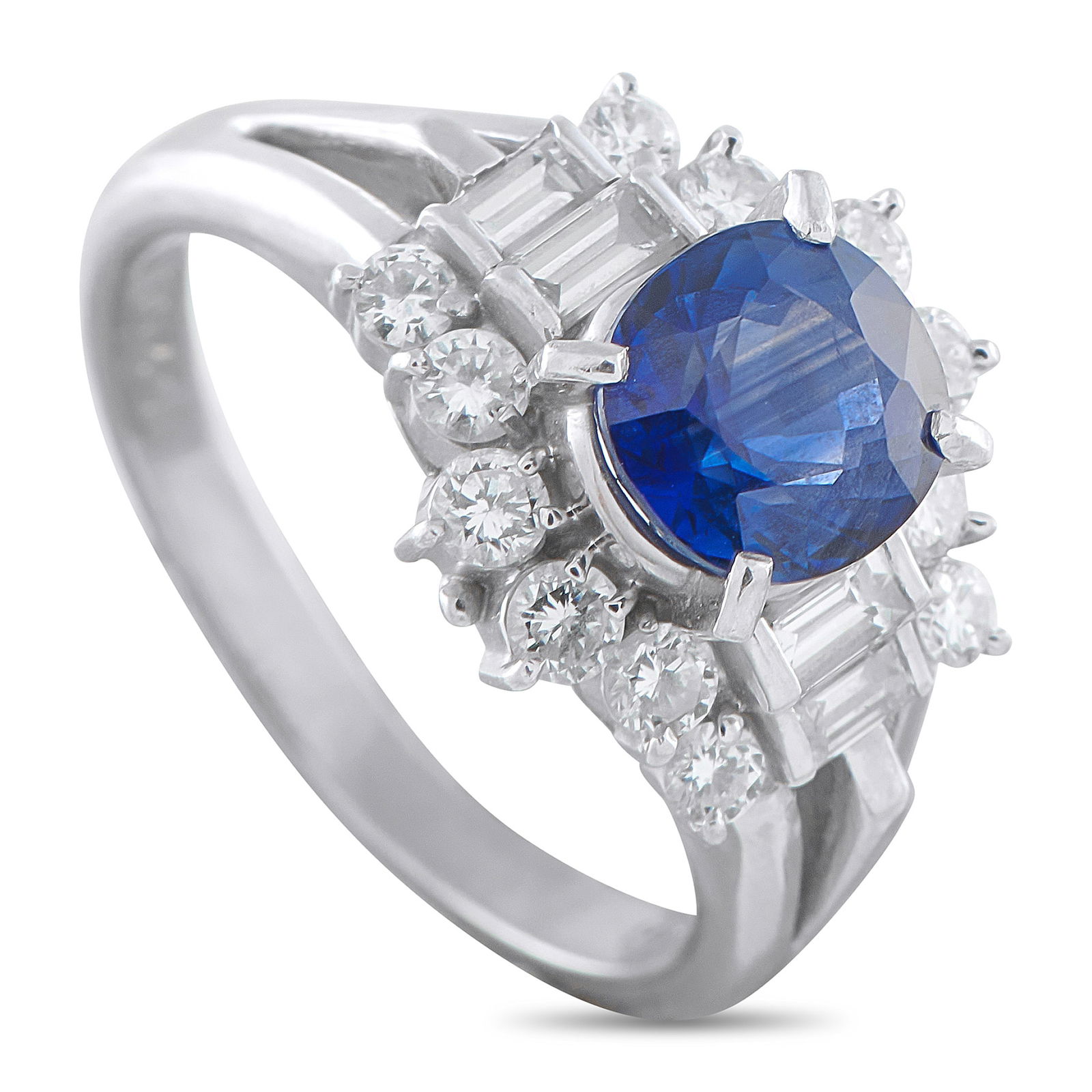 Exclusive Platinum 0.87ct Diamond and Sapphire Ring: This ring carries the undeniable promise of an heirloom, beautifully crafted for the present. A 2.06-carat round sapphire commands attention at the center, set high on four prongs. It is flanked by a
